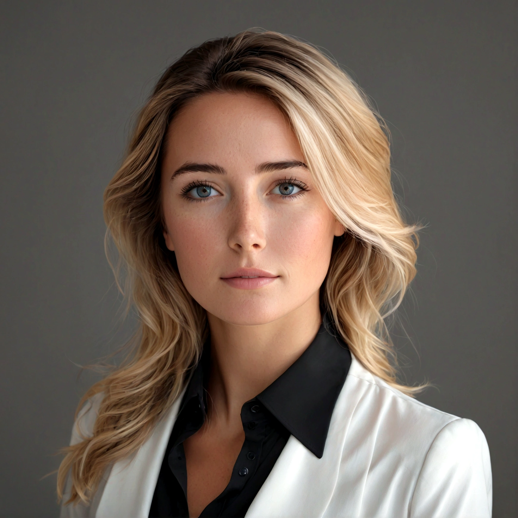 create realistic image of a 27 year old business woman photoshoot with gray background. roupa social calsa, e blusa branca e negro. corporate photo shoot glowing light 