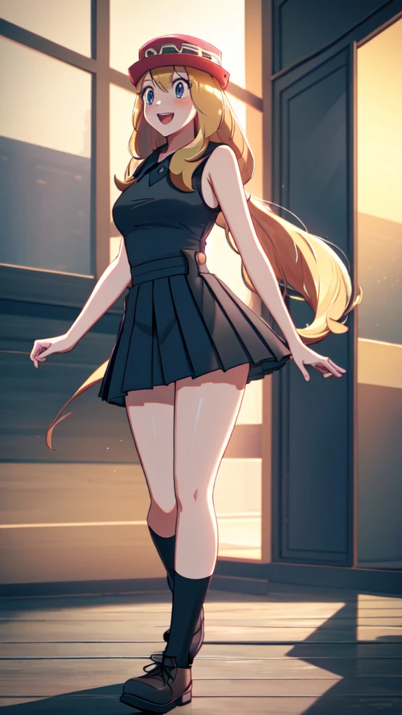 lumen reflections, natural lighting, evocative, triadic color scheme, cowboy shot, elegant, voluptuous:0.6, looking at viewer, 1girl, female, solo, blush, open mouth, smile, teeth, sfw, serena \(pokemon\), blonde hair, very long hair, low pony tail, blue eyes, shirt, sleeveless shirt, black sleeveless shirt, skirt, pleated skirt, (red pleated skirt), thigh highs, black thigh highs