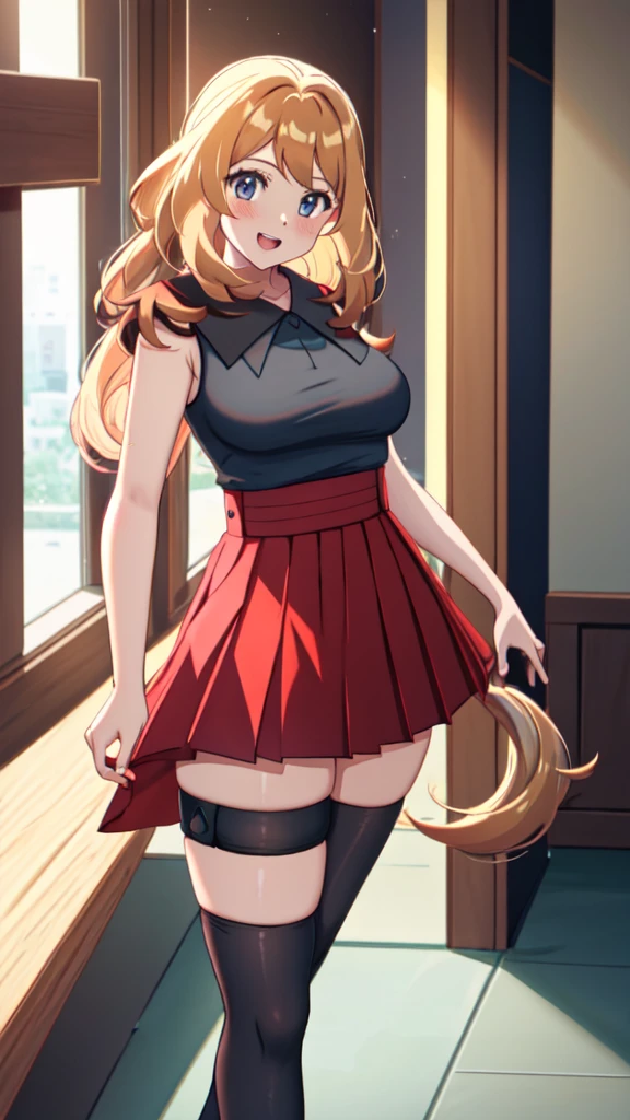 lumen reflections, natural lighting, evocative, triadic color scheme, cowboy shot, elegant, voluptuous:0.6, looking at viewer, 1girl, female, solo, blush, open mouth, smile, teeth, sfw, serena \(pokemon\), blonde hair, very long hair, low pony tail, blue eyes, shirt, sleeveless shirt, black sleeveless shirt, skirt, pleated skirt, (red pleated skirt), thigh highs, black thigh highs