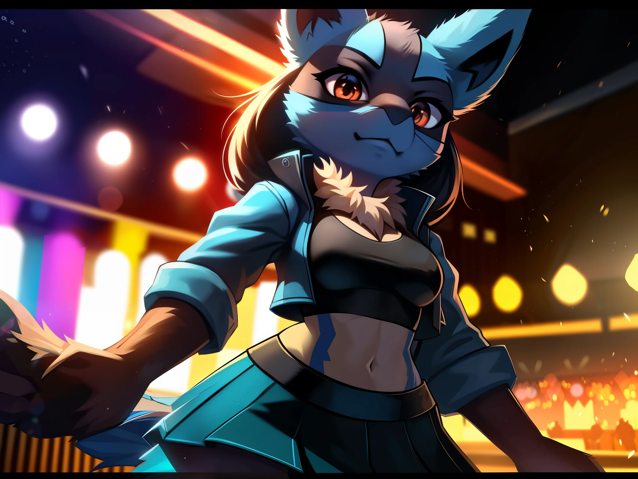 ((lucario)), ((solo)) wolf, blue fur, spikes, breasts, black crop top, ((blue open jacket)), skirt, dynamic pose, looking at viewer, potted plants, decorations, standing, up close, inside, nightclub, rave, lens flare, Very good figure, best quality, highres, 16k, Natural soft light, Tyndall effect, Advanced film lighting, Unreal Engine5, Extremely realistic, A high resolution, perfect masterpiece, high quality, high resolution