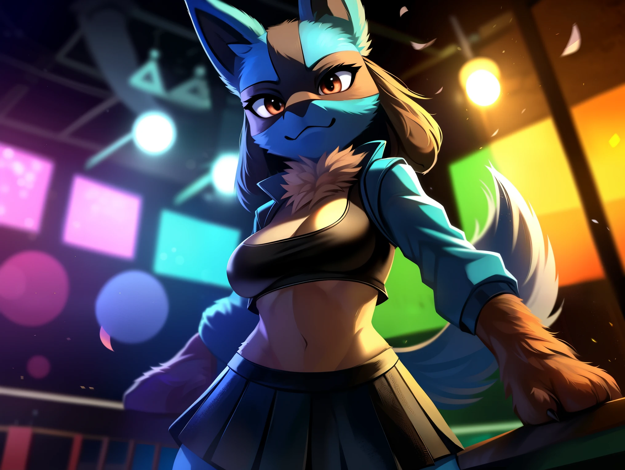 ((lucario)), ((solo)) wolf, blue fur, spikes, breasts, black crop top, ((blue open jacket)), skirt, dynamic pose, looking at viewer, potted plants, decorations, standing, up close, inside, nightclub, rave, lens flare, Very good figure, best quality, highres, 16k, Natural soft light, Tyndall effect, Advanced film lighting, Unreal Engine5, Extremely realistic, A high resolution, perfect masterpiece, high quality, high resolution