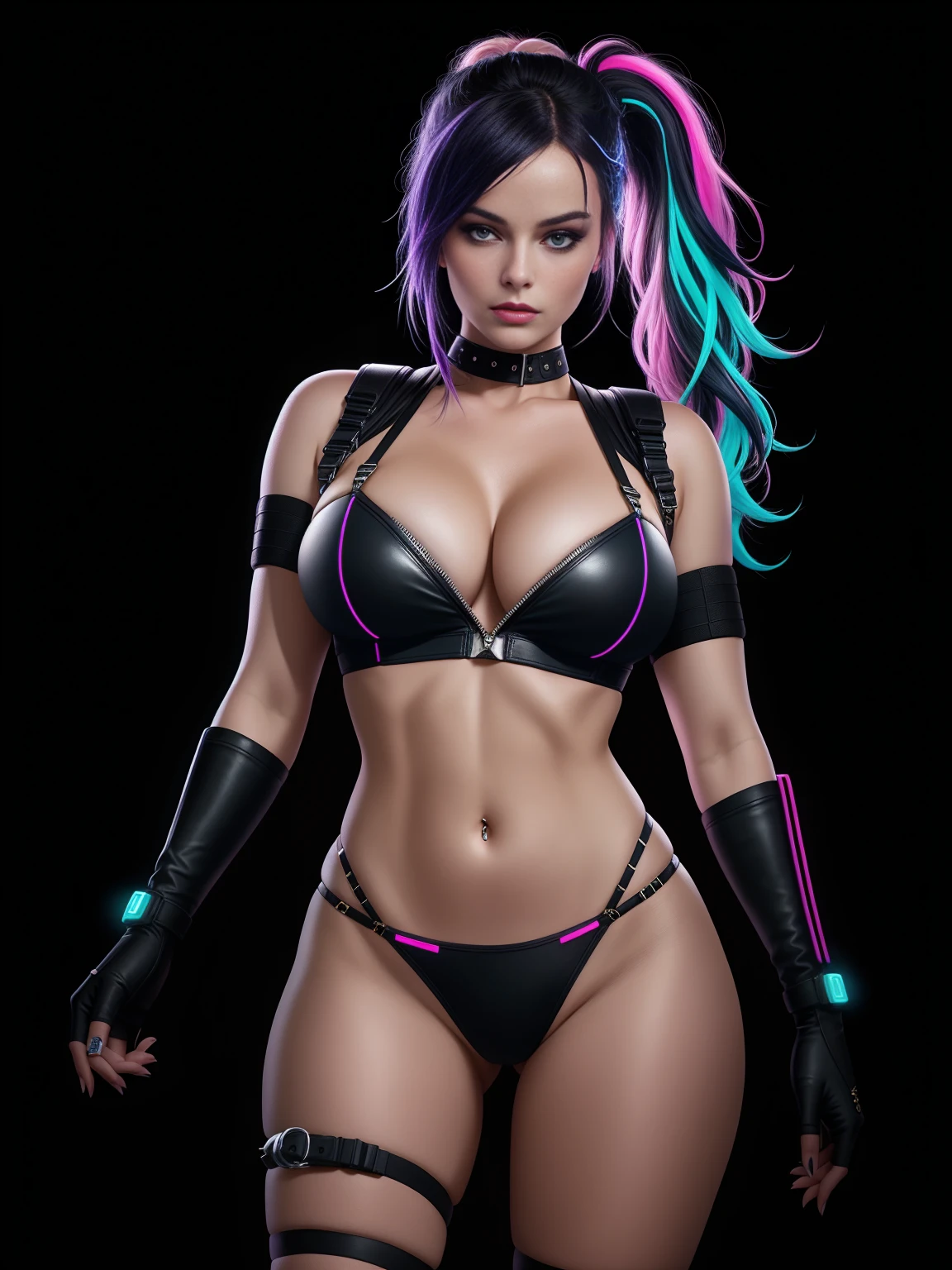 there is Margot Robbie, navy blue and bright purple neon streaked hair, hair in pony tail, 3 d neon art of a womans body, neon-noir background, cyberpunk femme fatale, seductive cyberpunk dark fantasy, cyberpunk strip clubs, cyberpunk 20 y. o model girl, oppai cyberpunk, banner, high definition cgsociety, cgsociety masterpiece, trending on cgstation, kda, random hair, looking at camera, gigantic breasts, cleavage, (high detailed skin:1.2), 8k uhd, dslr, super lighting, high quality, film grain, high res, highly detailed, hyper realistic, beautiful face, beautiful body, beautiful eyes nose lips, alluring expression, very bold, upper  visible, full body photo, standing legs apart, pale translucent glowing skin, most beautiful face, cute, (well defined pubic hair:1.2)), (dark plain black background:1.4))