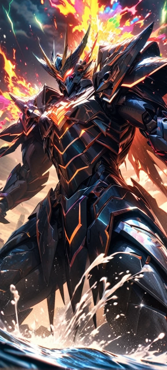 absurdres, highres, ultra detailed, HDR, masterpiece, extremely detailed face and eyes,  shinning lucifer  God Mecha armor dragon knight, Epic mecha leviathan mask,, Black hair , , solo, ,man, handsome, , , Epic fight scene, colorful water splashing effect,colorful lightning  effect,glowing glitters , colorful flaming effect