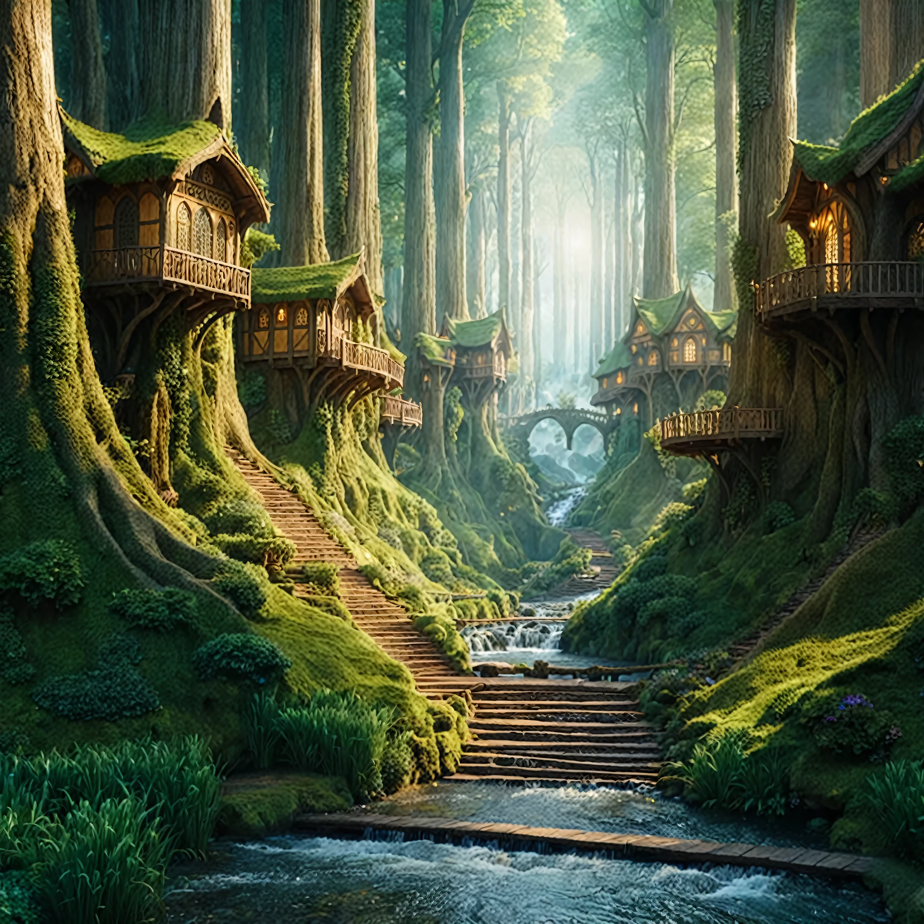 a photo shows a forest with a stream running through it, made of tree and fantasy valley, village in the woods,elven houses within trees, epic rivendell fantasy, fantasy matte painting，cute, fantasy forest, enchanted magical fantasy forest, fantasy setting, elven architecture, magical fantasy forest, hideen village in the forest, medeival fantasy town