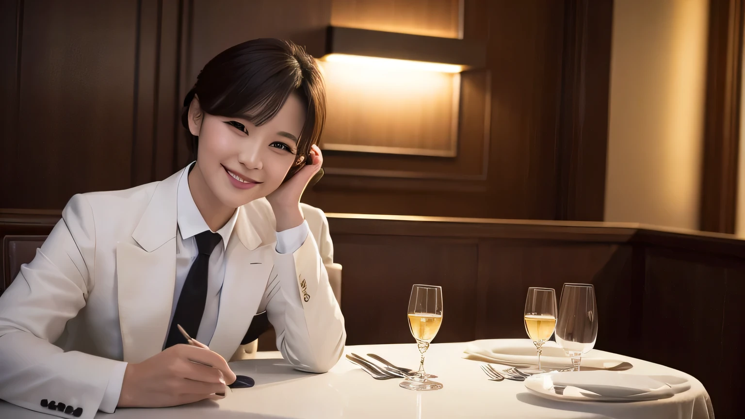 ((masterpiece))、((highest quality))、photograph、reality、High level image quality、Super detailed、married woman、30 years old、short hair、Realistic background and accessories、large and soft chest、chest bulge、sexy smile、carefree smile、((indirect lighting、calm lighting))、fine dining restaurant、light and dark、Shadow、bright look、speaking、 jacket and tie、See-through、valley、