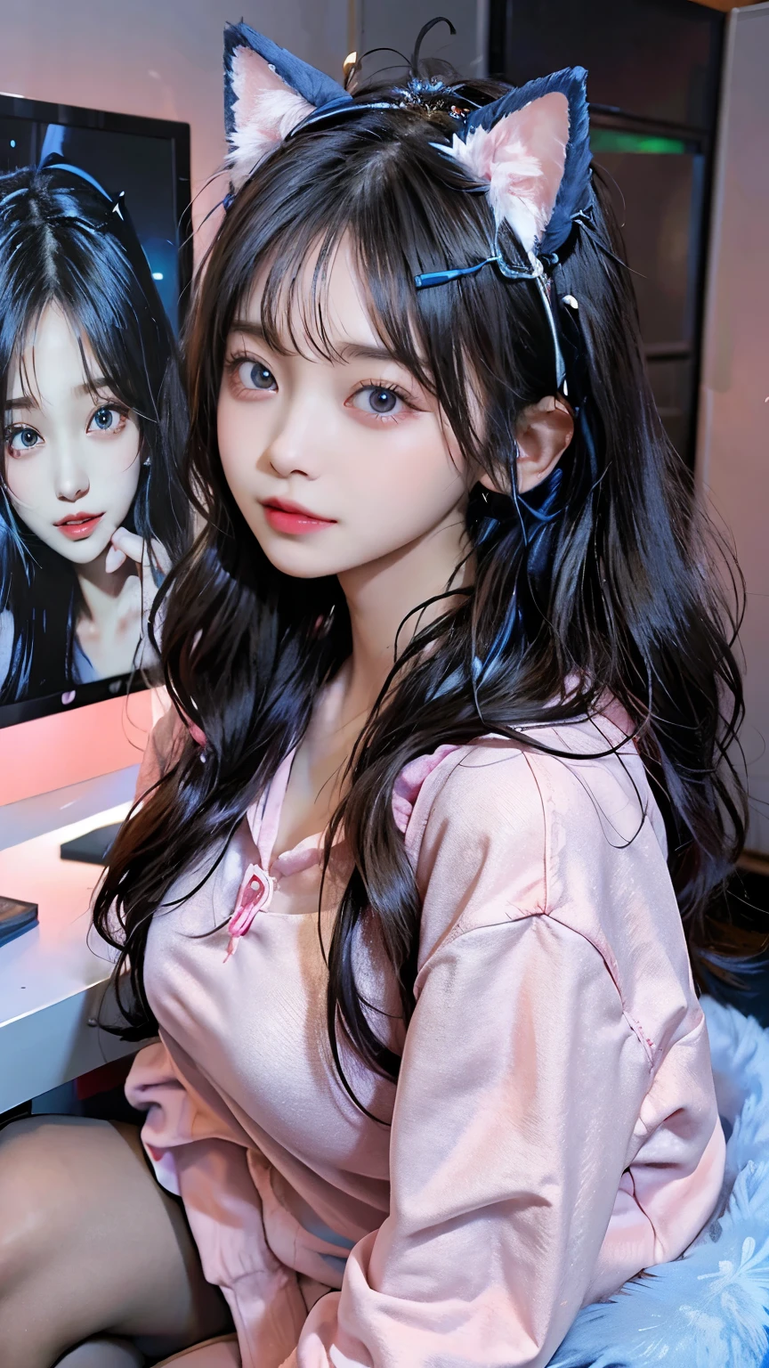 /imagine a beautiful anime girl live streaming from her room, with long black hair, big blue eyes, wearing a pink hoodie and a cute headset with cat ears, sitting in front of a modern computer setup with colorful LED lights, surrounded by plushies and posters on the wall, smiling and engaging with her audience, bright and cheerful atmosphere