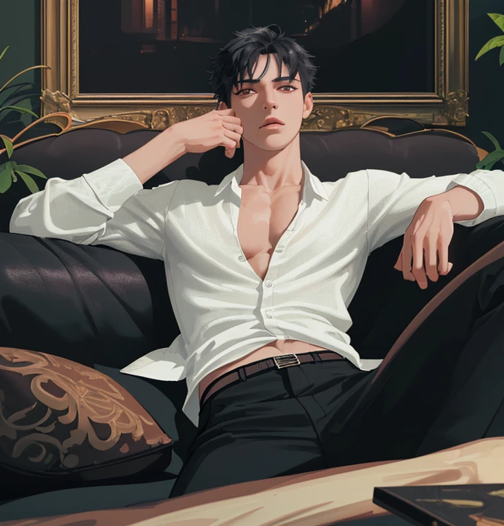 3D Images, 8K, highest quality, masterpiece, Ultra-high resolution, Midnight, Dim lighting, ((One male)), Lying on the couch, Feeling lethargic, The upper body is naked, Black trousers