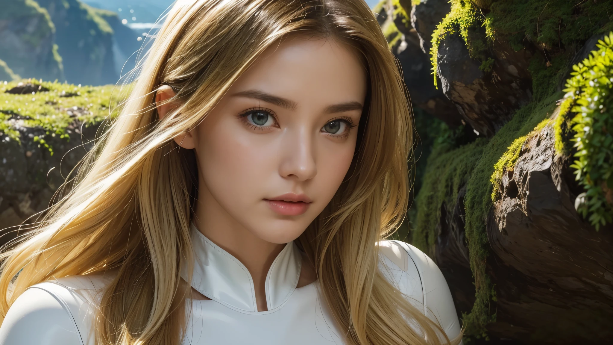 Strong light, Strong contrast, In an open-roofed cave、Sunlight shines through green moss and ferns。, And open( Ocean view:1.1) bottom, Cel-shaded rendering, 4K, 360 degrees, Equirectangular projection, what, One girl, 30-year-old female､Beautiful woman､Long Blonde Hair､White Latex Leotard､White long boots､White arm covers､masterpiece, 最high quality, high quality, High resolution, (((Face close-up)))、Large Breasts、Cleavage