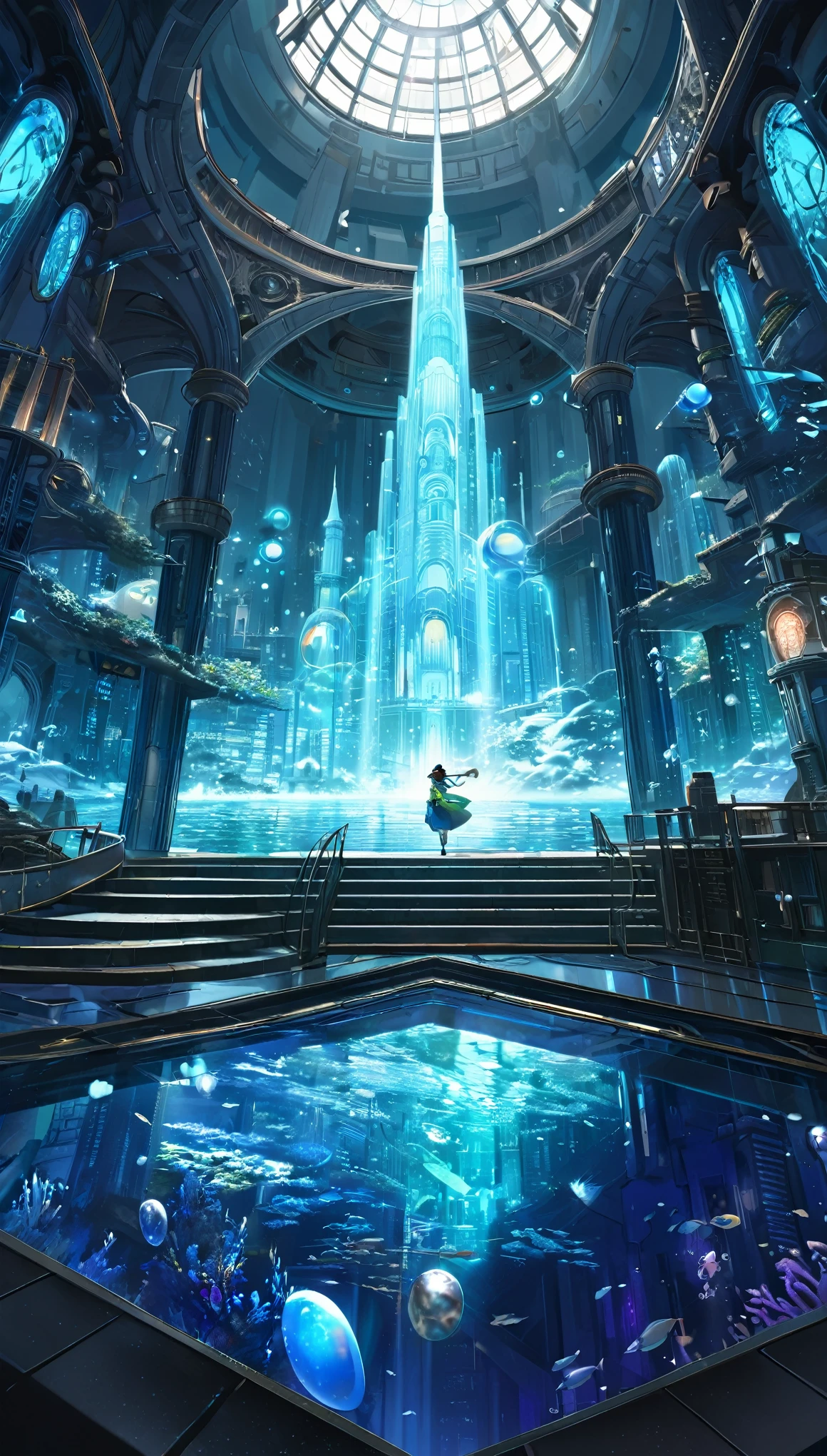 Breathtaking Ultra HD、16:9 paintings、Bathed in the mysterious glow of a science fiction setting、Reveals a fascinating interdimensional fantasy realm reminiscent of the lost city of Atlantis。This composition is、The enchanting aesthetics of Studio Ghibli、Effortlessly combine intricate detail and volumetric lighting in Unreal Engine、Evokes a sense of grand scale and wonder。azure、Blue green、The triad color scheme harmonizes with the iridescent pearls.、Illuminating the vibrant underwater cityscape that spreads across the ocean floor。The majestic spire and towering dome、