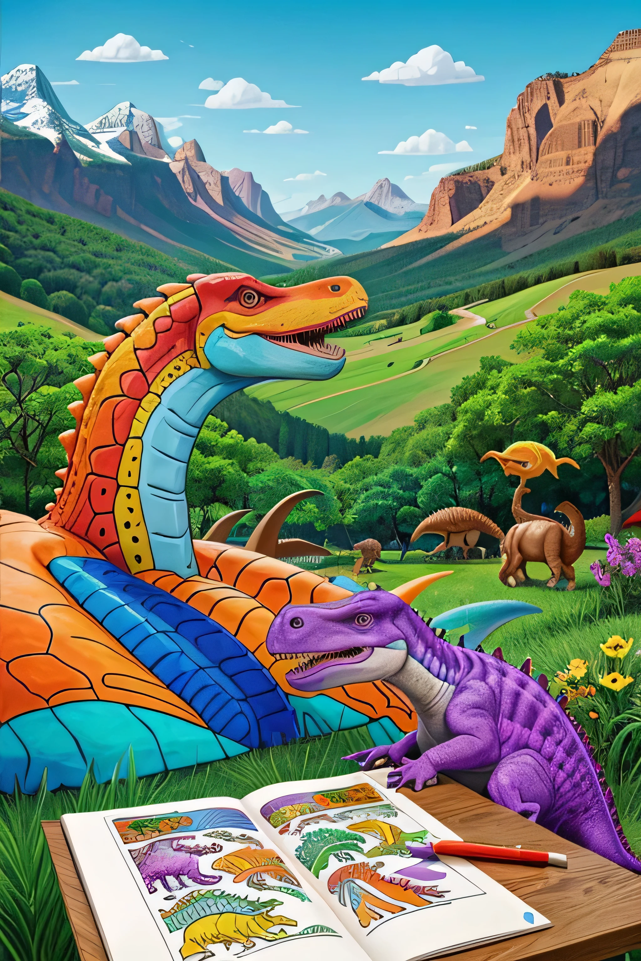 Create a vibrant, eye-catching coloring book cover featuring dinosaurs. The scene should be dynamic and engaging, with a lush prehistoric landscape as the backdrop. Include a variety of dinosaur species, such as a friendly Tyrannosaurus rex, a curious Triceratops, and a soaring Pterodactyl, each displaying vibrant colors and playful expressions. The title 'Dinosaur Coloring Book' should be prominently displayed in bold, fun lettering, incorporating colors that complement the scene. Ensure the overall design is appealing to children, with clear outlines for coloring and an inviting, adventurous atmosphere.
