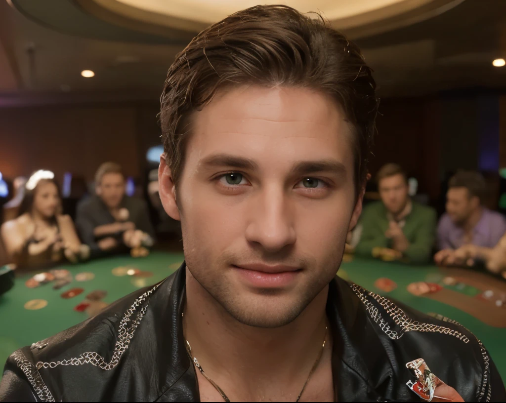 (((handsome 35 year old desirable caucasian man with distinguished features, playing blackjack at a casino))), (stylish clothing, light brown medium length hair, cropped sides, clean shaved face, intriguing green eyes), athletic build, tall height, seductive smile with gentle expression, detailed depiction of facial features, perfectly symmetrical face, indoor lighting masterfully accentuates his excellent features