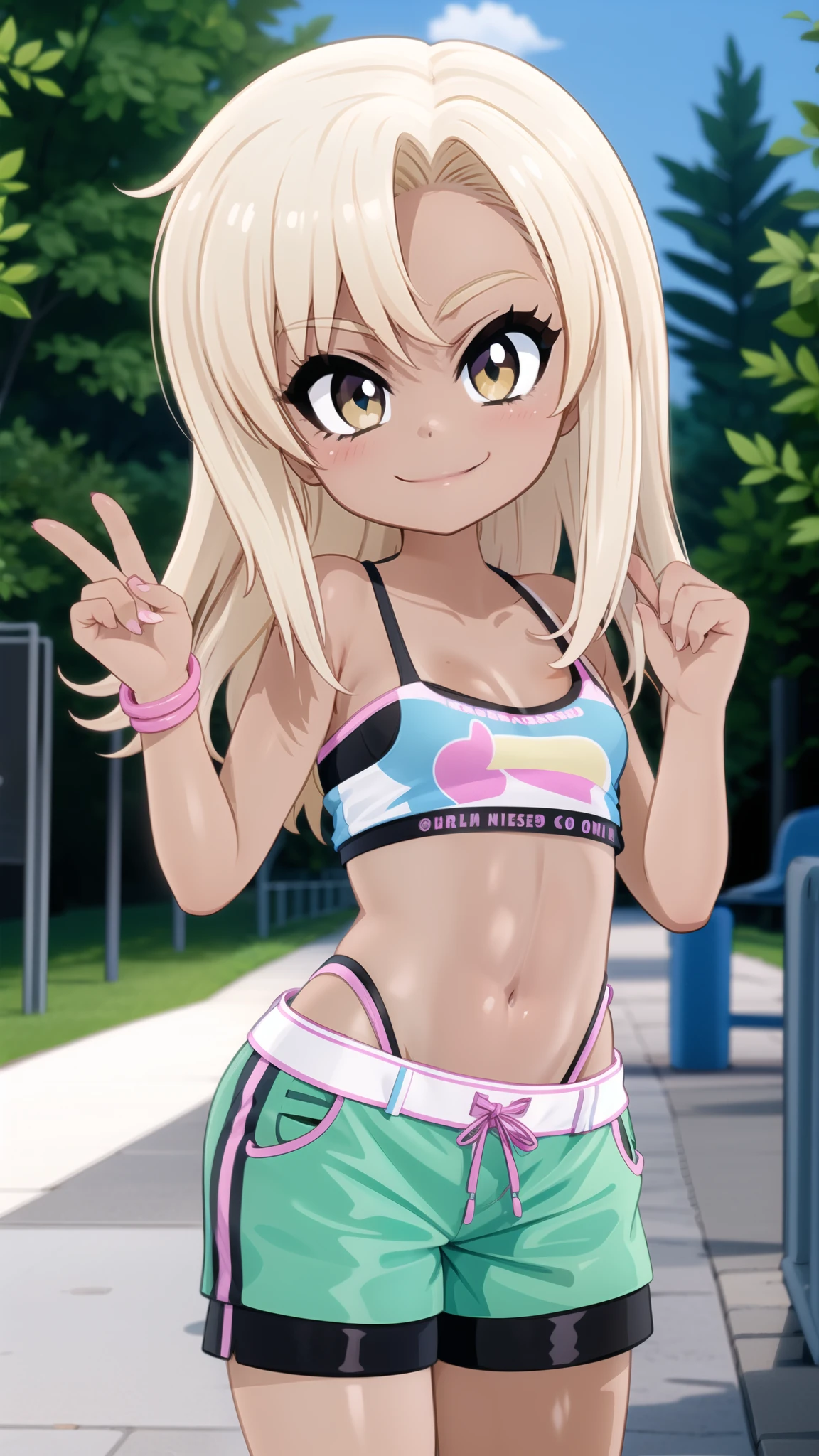 By mantis-x, (gyaru), young girl, tight small hotpants, small breasts, playful smile, blonde hair, ((tanned skin)), solo, midriff, tube top,