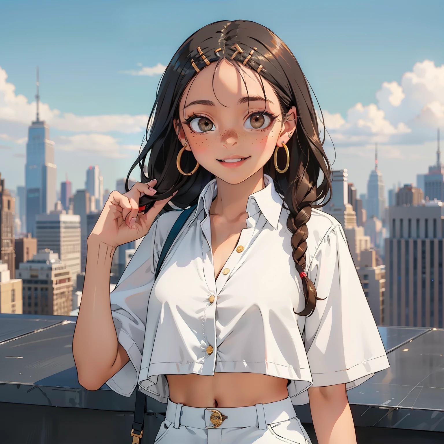 Girl with black skin, braided brown hair, Box braids, green eyes, smiling, white shorts, black bra, white blouse, big circle gold earrings, freckles, big lips, on a rooftop, nyc skyline in the background, blue skies big clouds