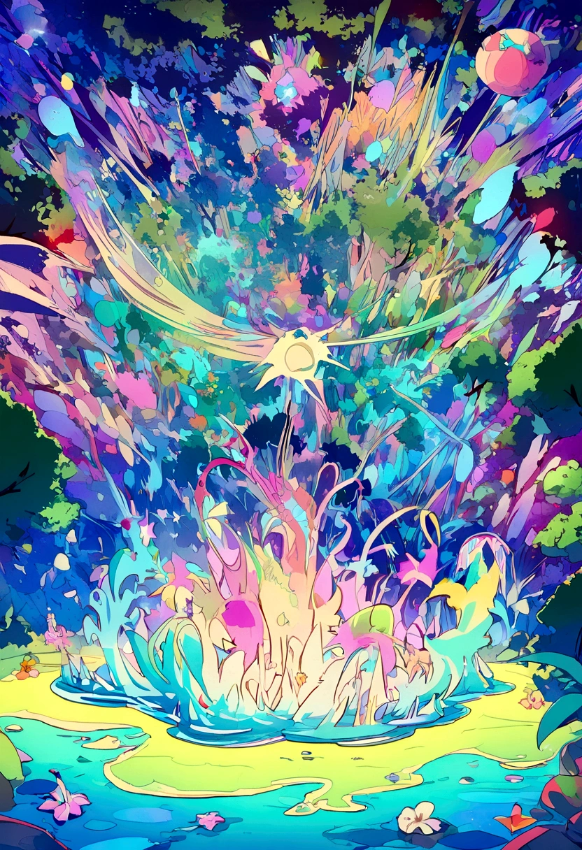 Create a poster for a beach party flash, create a party atmosphere, a beach party on a lake in the woods, in psychedelic colors,