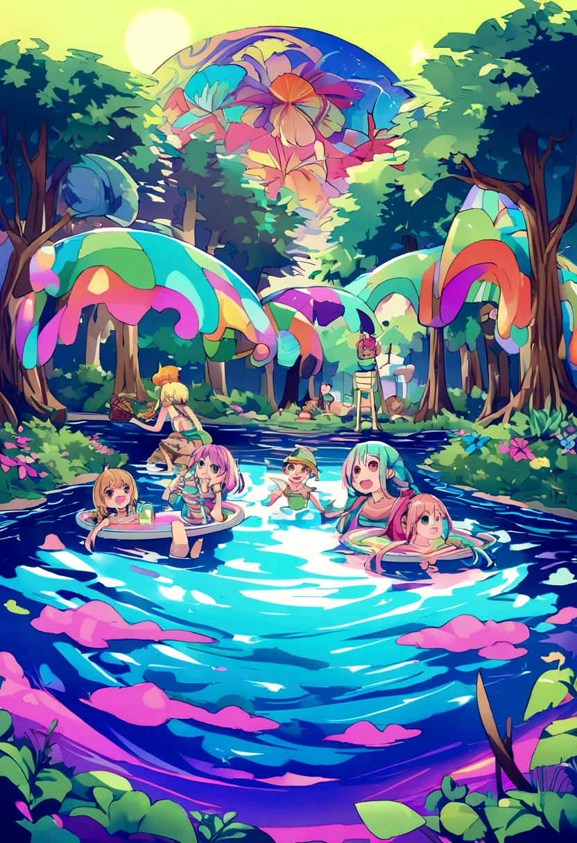 Create a poster for a beach party flash, create a party atmosphere, a beach party on a lake in the woods, in psychedelic colors,