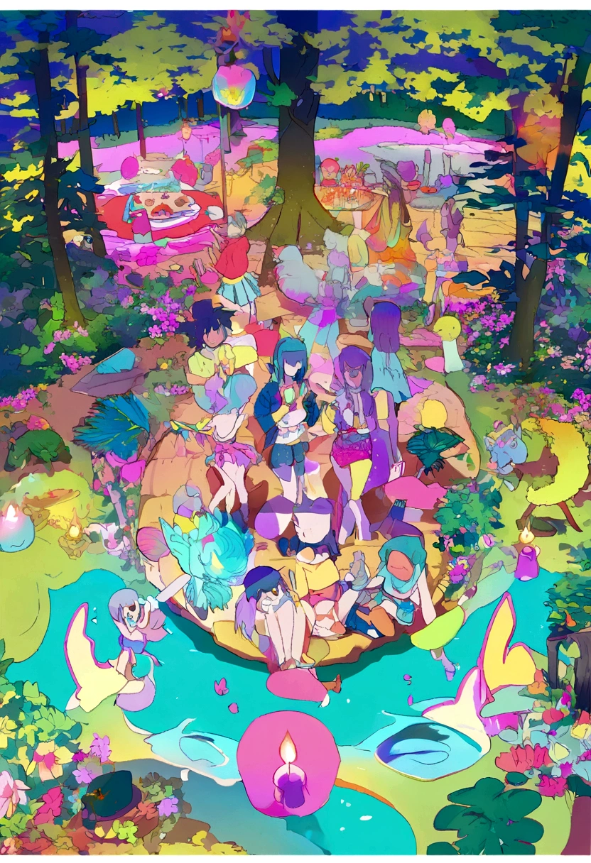 Create a poster for a beach party flash, create a party atmosphere, a beach party on a lake in the woods, in psychedelic colors,