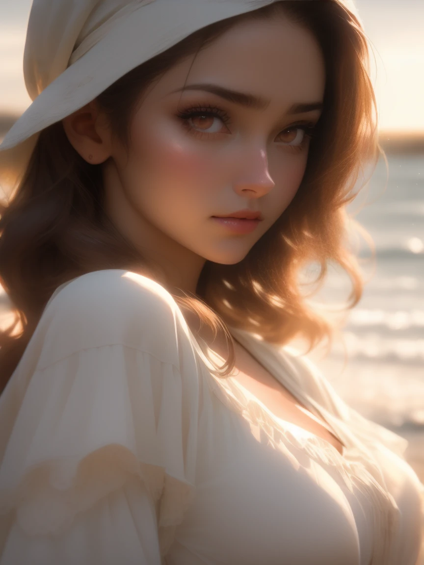 close up of a european woman, brown hair, winter beach, natural skin texture, very detailed skin texture, 24mm, 4k textures, soft cinematic light, RAW photo, photorealism, photorealistic, intricate, elegant, highly detailed, sharp focus, ((((cinematic look)))), soothing tones, insane details, intricate details, hyperdetailed, low contrast, soft cinematic light, dim colors, exposure blend, hdr, faded, detailed transparent clothes.