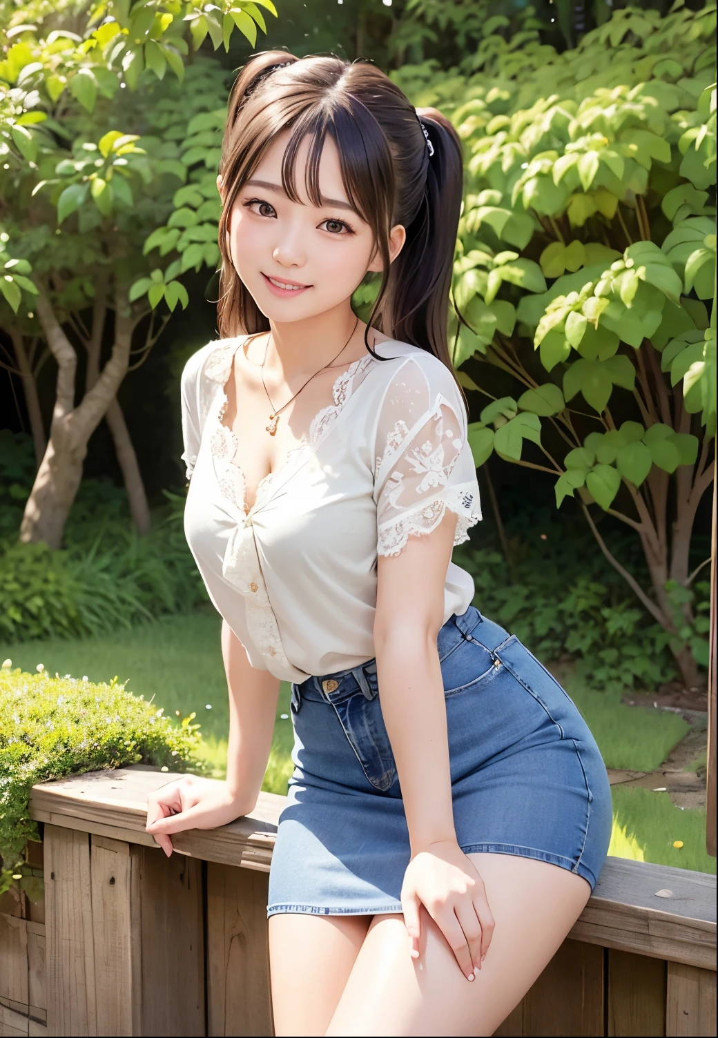 (highest quality,masterpiece:1.3,Ultra-high resolution),(Very detailed、Caustics) (Realistic:1.4, RAW shooting、)Ultra-Realistic Capture、Very detailed、Natural skin texture、masterpiece、(Japanese girl in a lace blouse and jeans skirt:1.3)、Adorable expression、Expressions of happiness、、height: 148cm、Young Face、Amazingly cute、Twin tail hairstyle、Straight hair、Scrunchie、necklace、Black Hair、light makeup、Slightly large chest、Shining thighs、Shining ass、Photo shoot in a private garden、Background details、smile、An inviting gaze、Anatomically correct、Cowboy Shot、Attention to detail、Sexy and cute pose