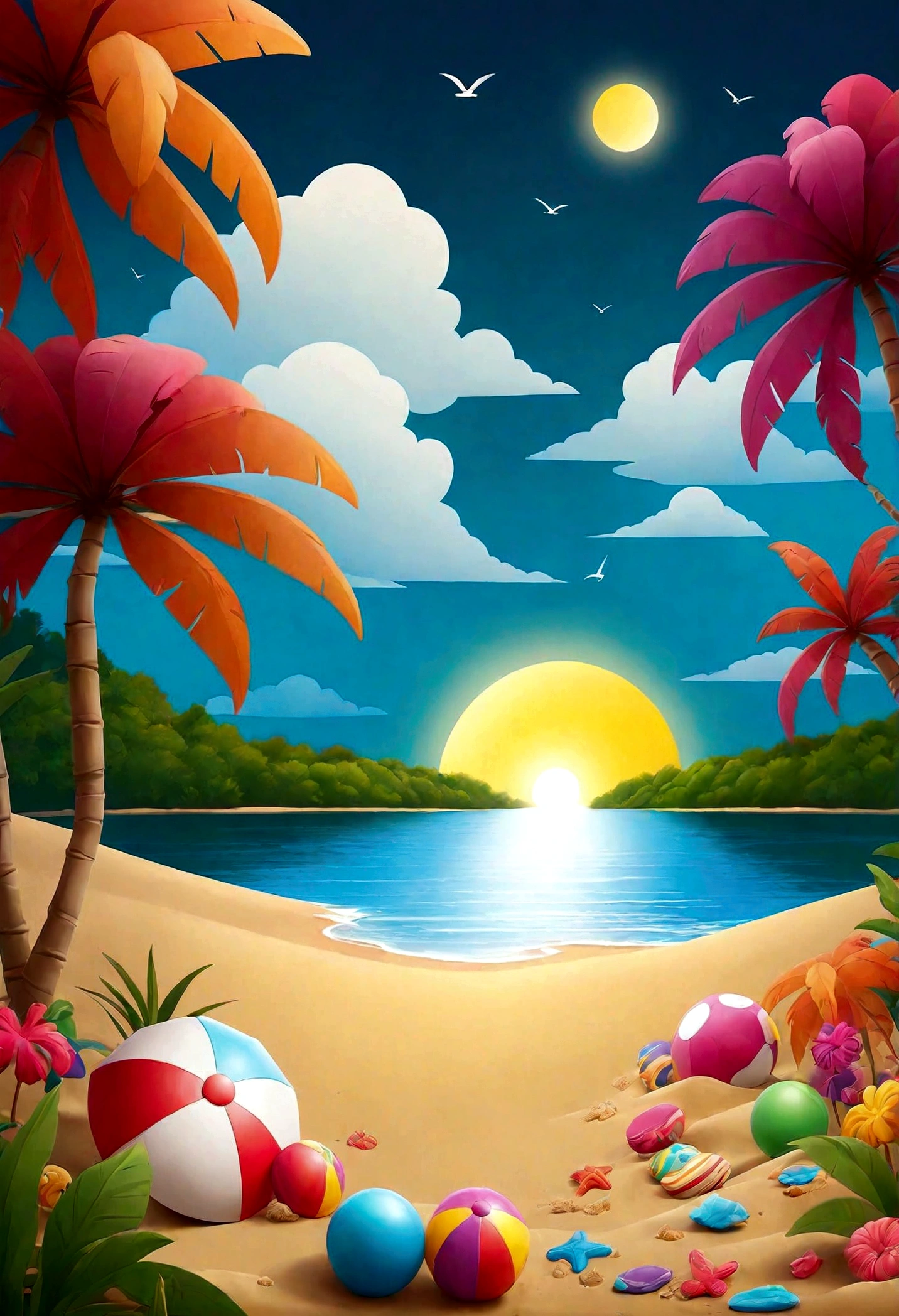 Create a poster for a beach party flash, create a party atmosphere, a beach party on a lake in the woods, in psychedelic colors,