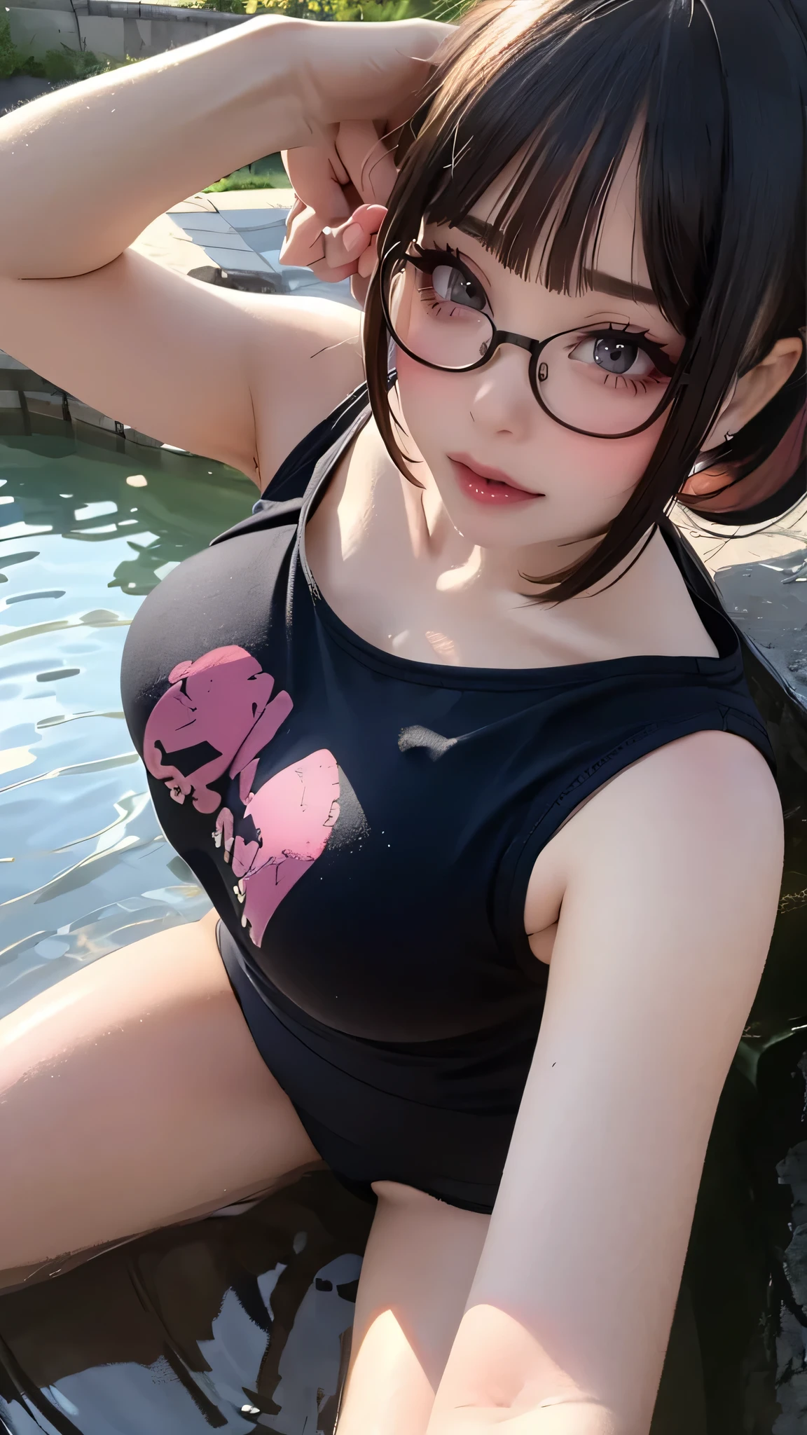 from above,overhead shot,onsen,(lying),(on back),baggy t-shirt,swimsuit,(random Lively pose),(Thin type),(large breasts),(half color hair black and pink),(random hairstyle),(Highest image quality, (8K), Ultra-realistic, Best Quality, High quality, High Definition, high quality texture, high detailing, Beautiful detailed, fine detailed, extremely details CG, Detailed texture, realistic representation of face, masterpiece, presence),(wearing glasses:1.5)