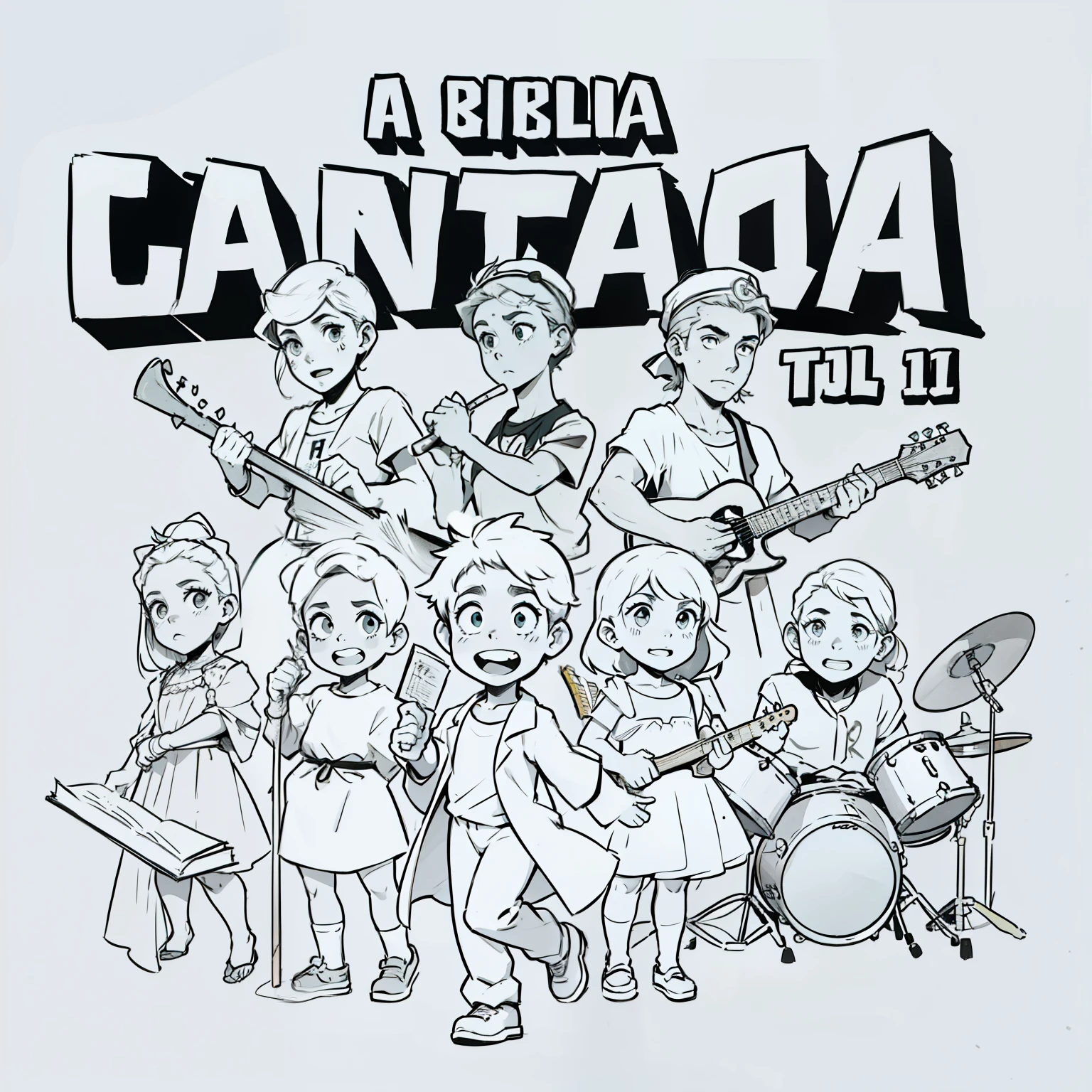 Capa de cd com banda, titulo "a biblia cantada vol.01", estilo dos desenhos animados.