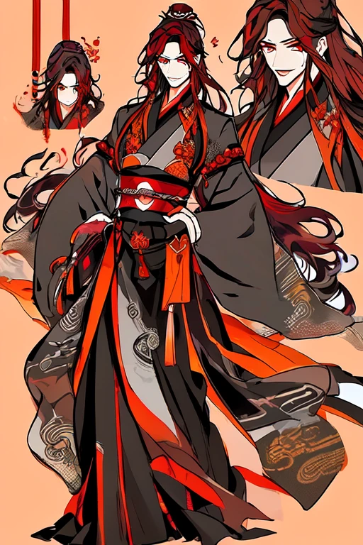 1 man,full body,highly one person, ancient Chinese youth, dark gray hanfu with patterns, dark, pretty appearance, handsome, clear face, Asian appearance, red-orange eyes, long curly black and burgundy hair (not red hair), (highly detailed handsome face and eyes ) perfect anatomy, good quality, high quality, blood