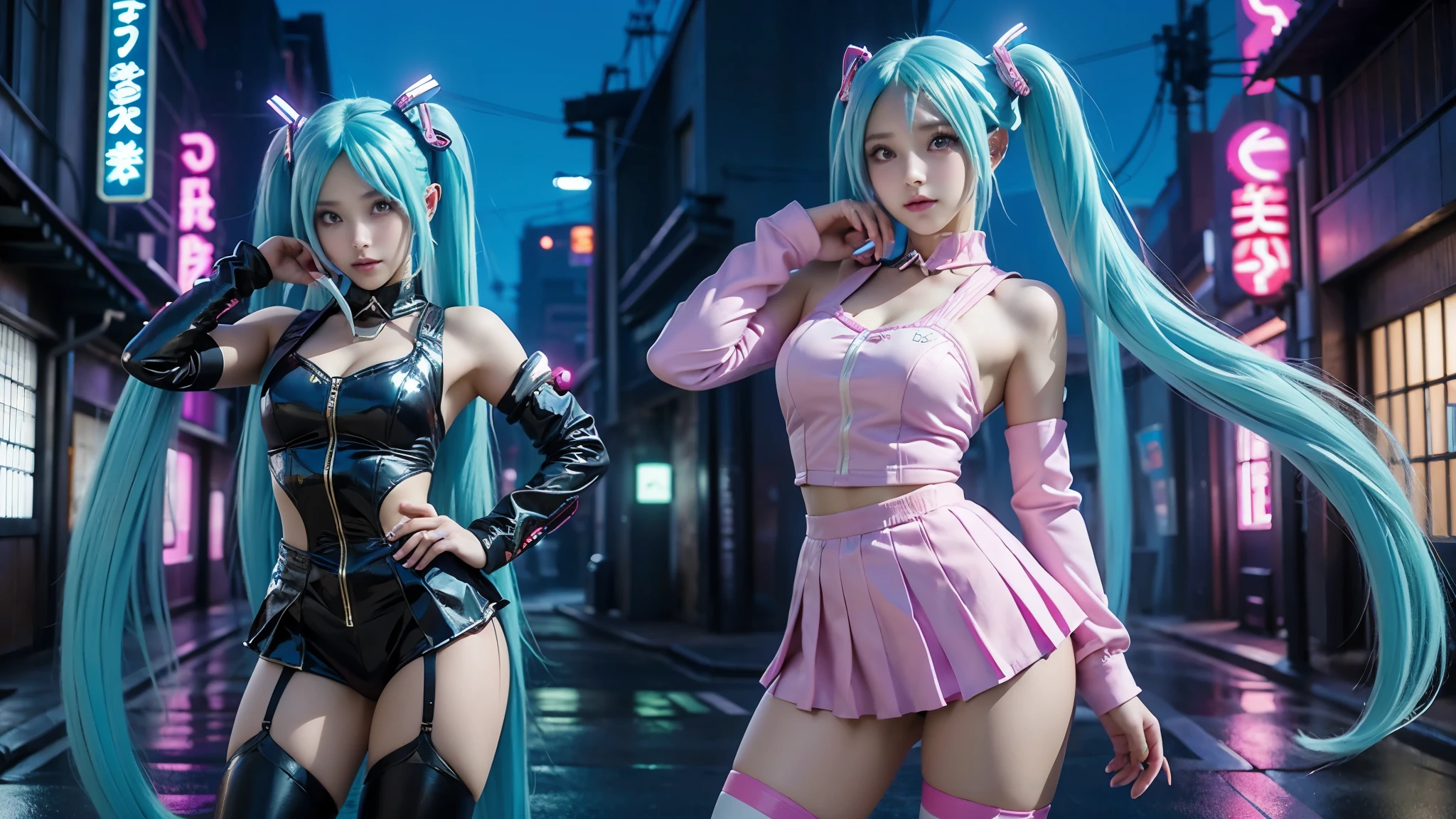 (La Melhor qualidade,A high resolution,Ultra - detalhado,real),Ariana Grande, chica cosplay de anime, cosplay de anime, (Hatsune MikuCosplay:1.4) , Foto Cosplay, duas caudas brancas_Luvas, cosplay, lindo anime waifu con un bonito vestido, garota de anime com cabelo comprido, deusa dos animes, cosplay elegante e glamoroso, garota de anime vestida de empregadaMais detalhado 8K.motor irreal:1.4,High definition,La Melhor qualidade:1.4, fotorrealista:1.4, textura da pele:1.4, Obra-prima:1.8,Obra-prima, Melhor qualidade,objeto Objeto], (detailed facial features:1.3),(The correct proportions),(Lindos olhos azuis),  (pose vaquero), ,( ciberpunk 2.1), (background alley city tokyo night :1.4),( dedos detalhados:1.4),( Anatomia perfeita), (kawaii locker room :1.4) 