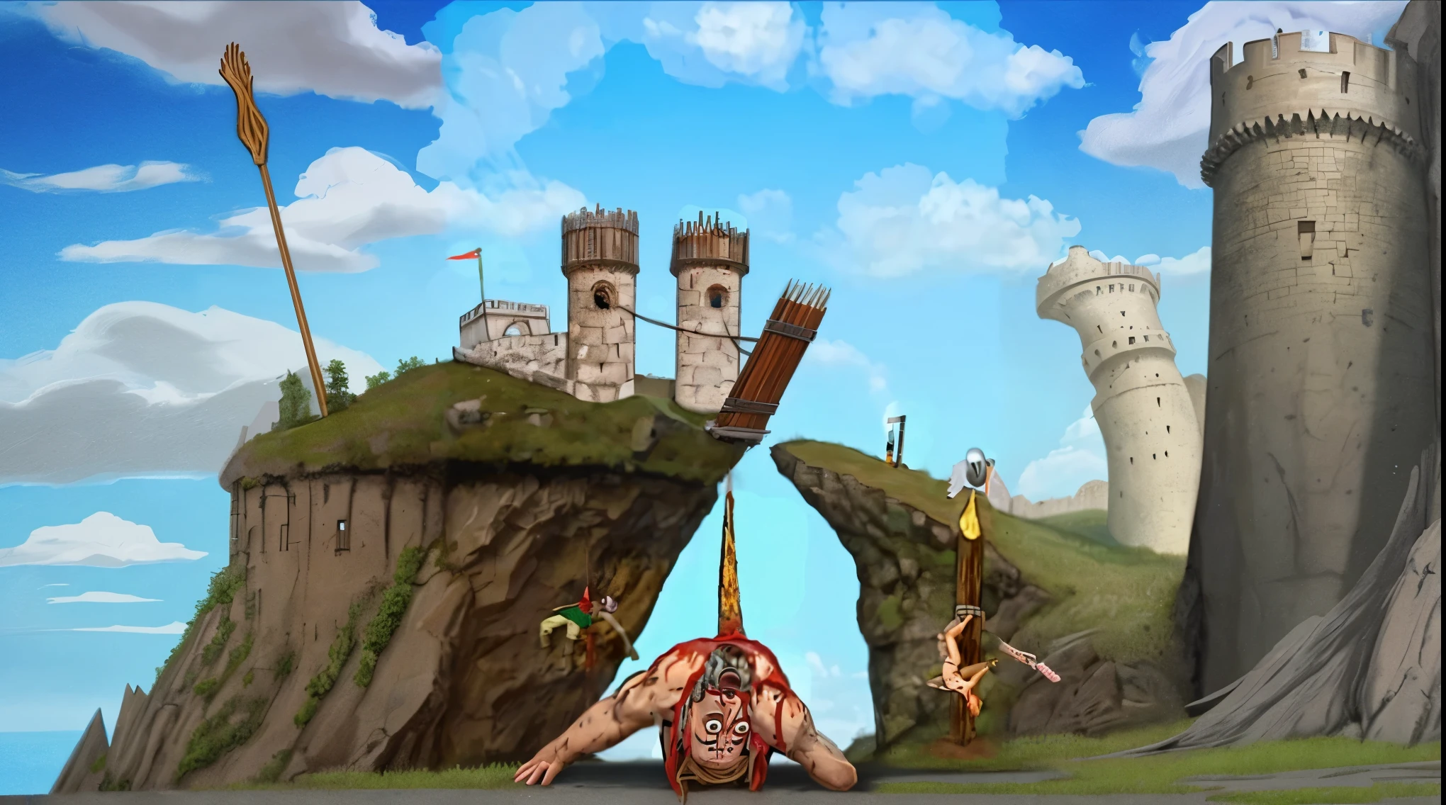 cartoon of a man hung upsidedown on a spike going through his back on a cliff, concept art inspired by Vittore Carpaccio, deviantart contest winner, fantasy art, kremlin towers are destroyed, battlements, epic battlescene, medieval fantasy battle, background fortress, over a cliff, medieval battle, epic battle scene, background: battle scene, fortress gateway, epic shot, medieval background