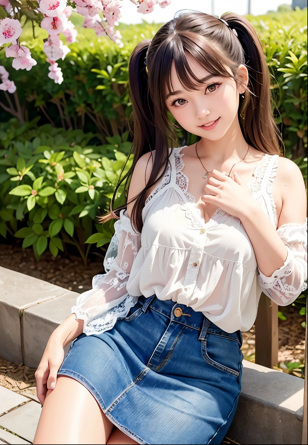 (highest quality,masterpiece:1.3,Ultra-high resolution),(Very detailed、Caustics) (Realistic:1.4, RAW shooting、)Ultra-Realistic Capture、Very detailed、Natural skin texture、masterpiece、(Japanese girl in a lace blouse and jeans skirt:1.3)、Adorable expression、Expressions of happiness、14 years old、height: 148cm、Young Face、Amazingly cute、Twin tail hairstyle、Straight hair、Scrunchie、necklace、Black Hair、light makeup、Slightly large chest、Shining thighs、Shining ass、Photo shoot in a private garden、Background details、smile、An inviting gaze、Anatomically correct、Cowboy Shot、Attention to detail、Sexy and cute pose