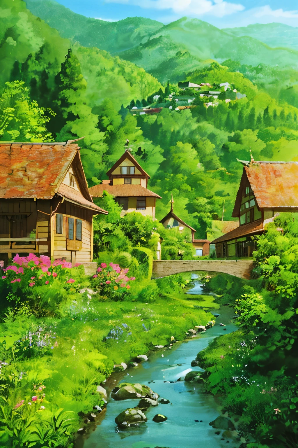Enchanting Disney-style Village in a Lush Valley: A village shrouded in verdant forests and cradled by a winding river gives the impression of a picturesque haven called Ardenwood. With its quaint houses adorned with flower boxes, cobblestone streets that meander through the landscape, and a serene aura permeating the atmosphere, it's as if time stands still. As the camera glides over sprawling green fields and the gently flowing river, the timeless beauty of this enchanted village is truly captured.