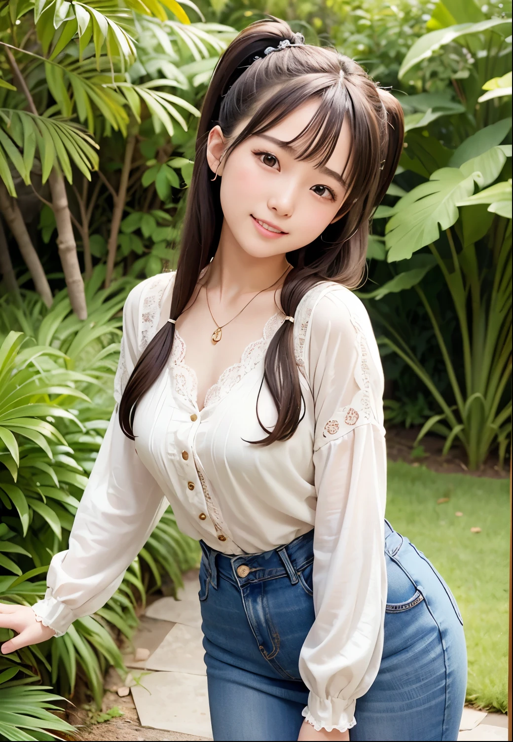 (highest quality,masterpiece:1.3,Ultra-high resolution),(Very detailed、Caustics) (Realistic:1.4, RAW shooting、)Ultra-Realistic Capture、Very detailed、Natural skin texture、masterpiece、(Japanese girl in a lace blouse and jeans skirt:1.3)、Adorable expression、Expressions of happiness、14 years old、height: 148cm、Young Face、Amazingly cute、Twin tail hairstyle、Straight hair、Scrunchie、necklace、Black Hair、light makeup、Slightly large chest、Shining thighs、Shining ass、Photo shoot in a private garden、Background details、smile、An inviting gaze、Anatomically correct、Cowboy Shot、Attention to detail、Sexy and cute pose