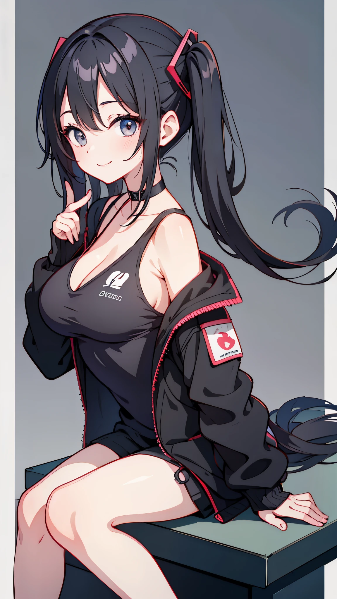 masterpiece,anime style,chibi,sexy girl,black hair,shoulder length hair with two pigtails,black jacket,with headphones,lo fi background,smiling,big breasts,listening to music,waiting on the right side of the image,