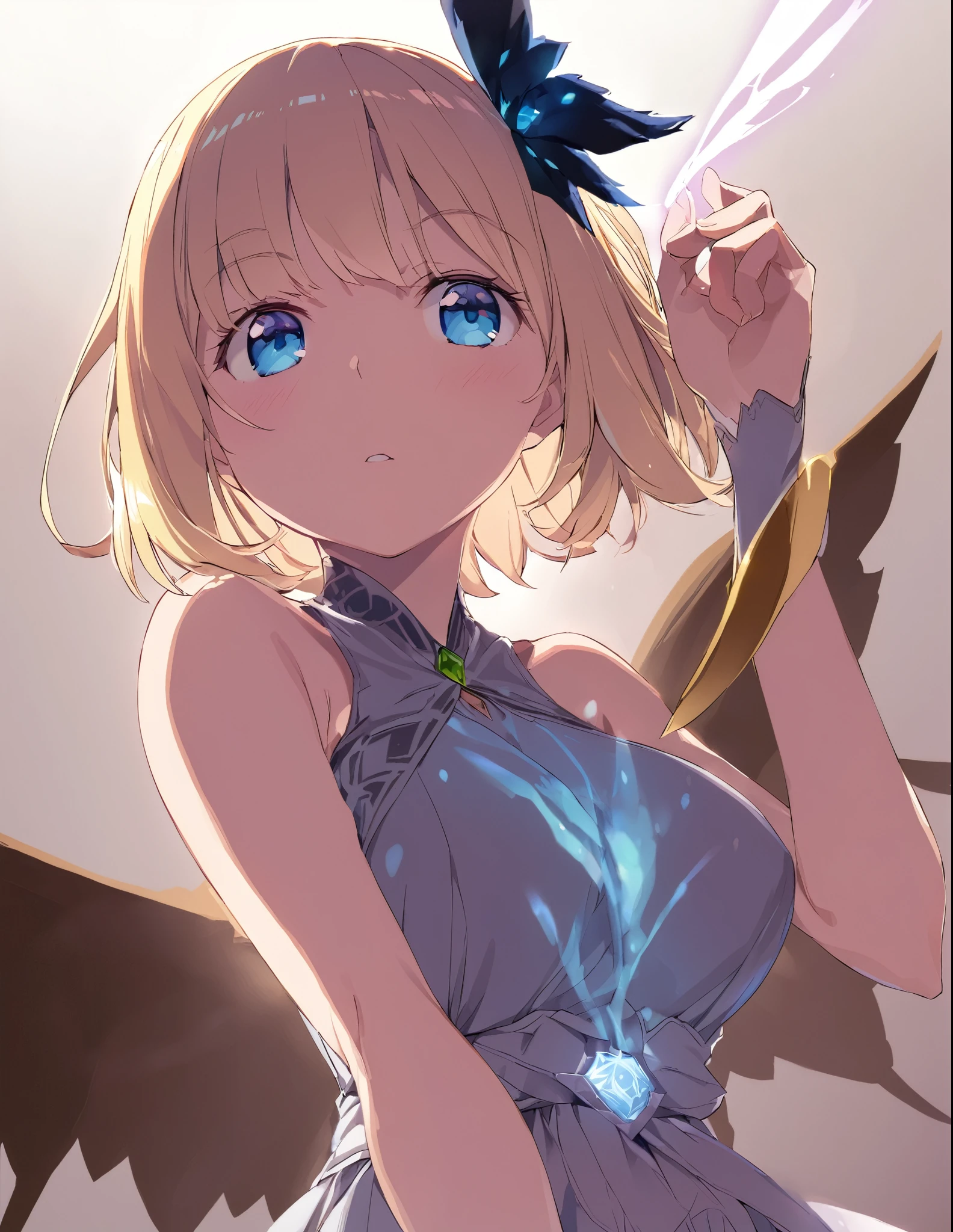A young girl goes out wearing a magic . Blonde, large breasts, blue eyes, short hair