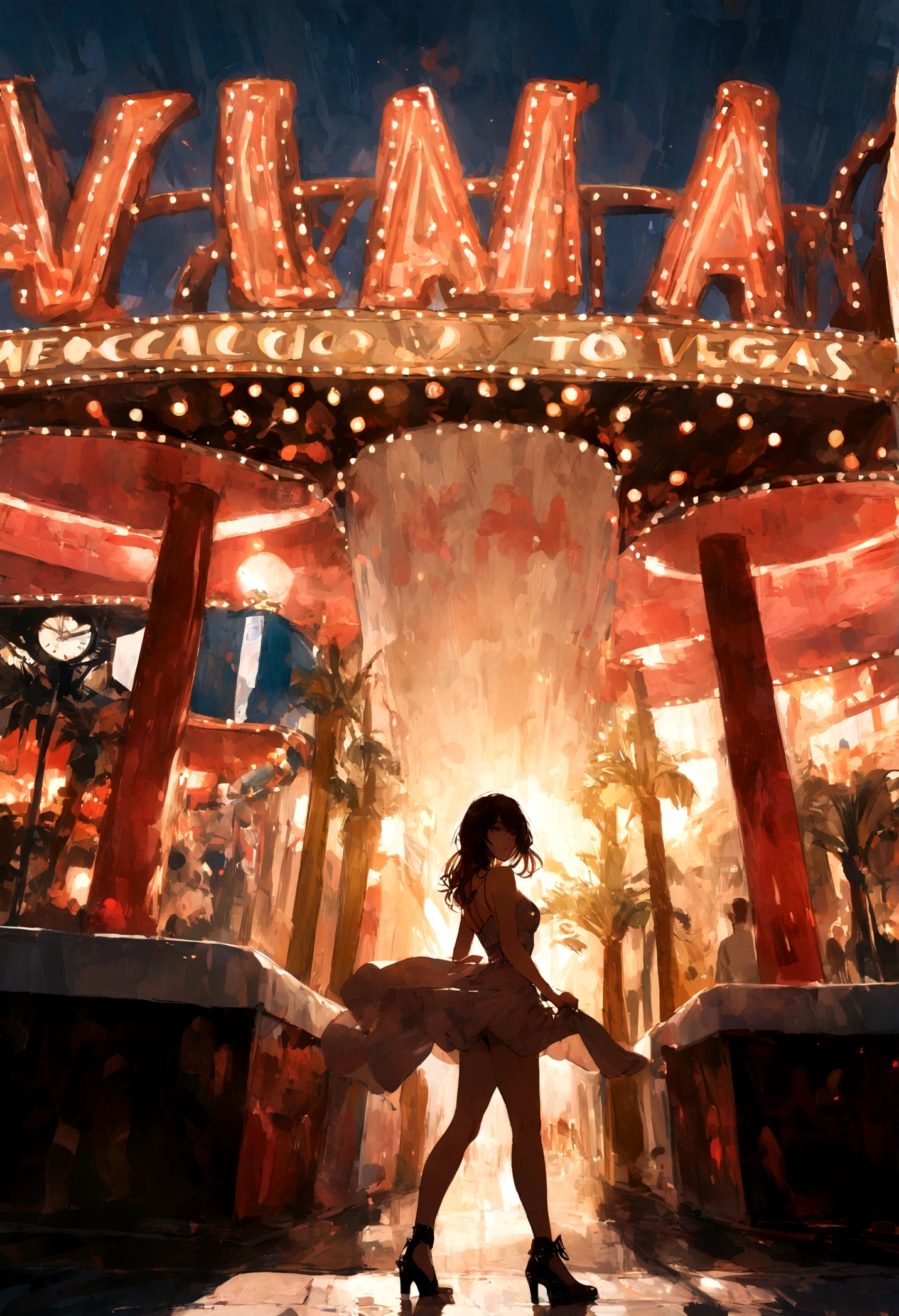 hot brunette walking in front of welcome to vegas sign