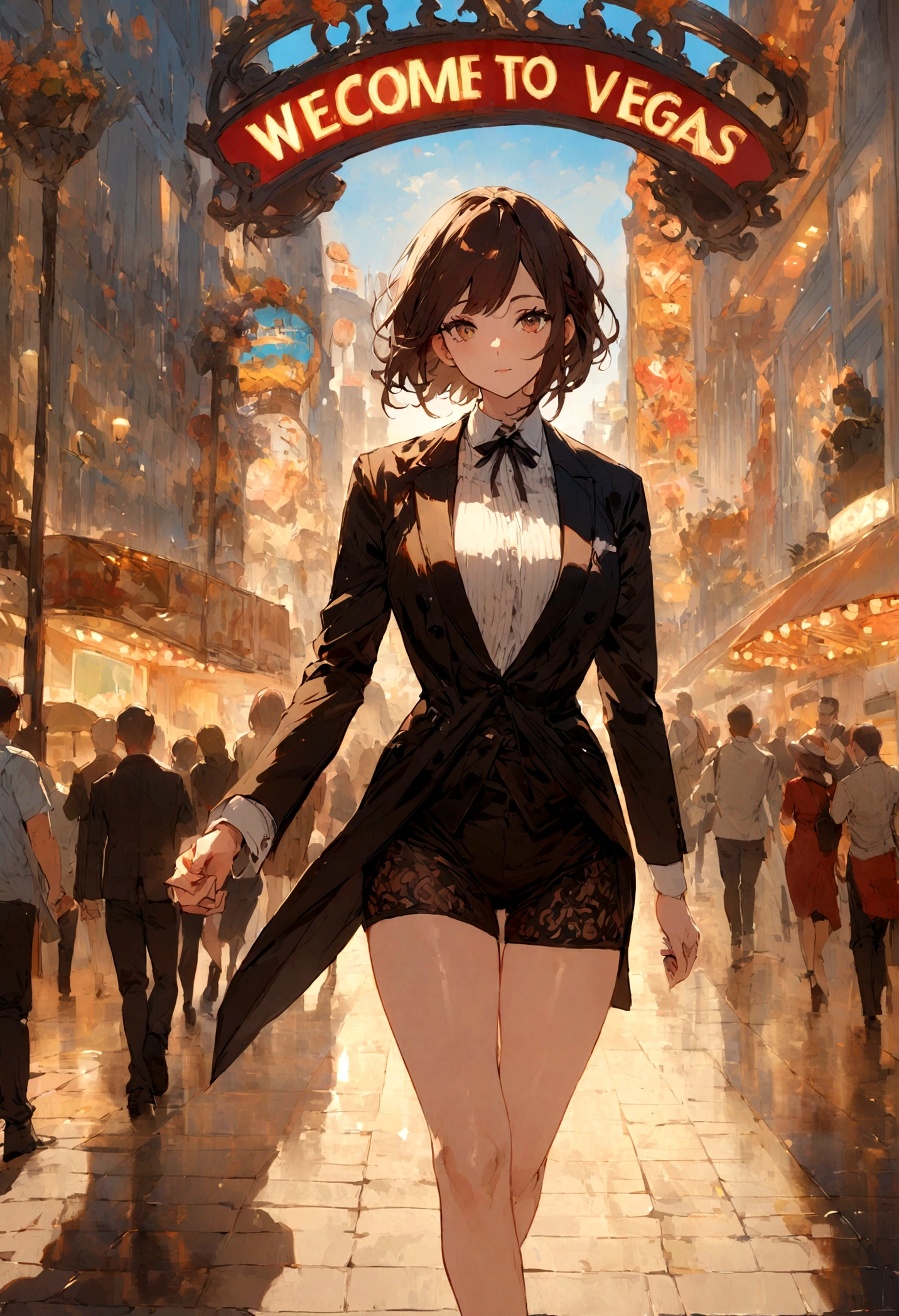 hot brunette walking in front of welcome to vegas sign