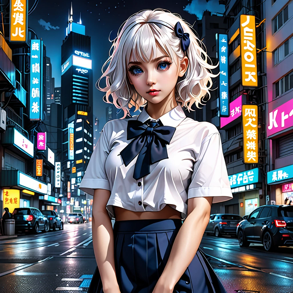 (8k, RAW photo, masterpiece:1.3), (realistic, photo-realistic:1.37), (night), (looking at viewer:1.331), (white hair), posing, Perm street, nightcityscape, cyberpunk city, soft light, 1girl, extremely beautiful face, bust, put down hands, Random hairstyle, Random expression, big eyes, lower abdomen, (short-sleeved .JK_shirt), JK_style, (dark blue JK_skirt), (bow JK_tie), mix4., best quality
