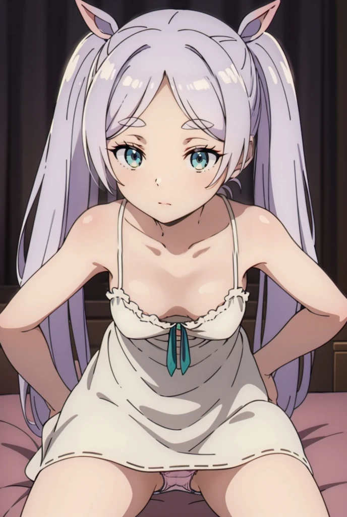 (highest quality, masterpiece),sexy, erotic, 18+, Browsing Caution, One girl, 18-year-old, Contempt, pride, Long silver hair,Sparkling eyes, ((( panties))), ((Green Eyes)), ((Two ponytails)), White Dress
