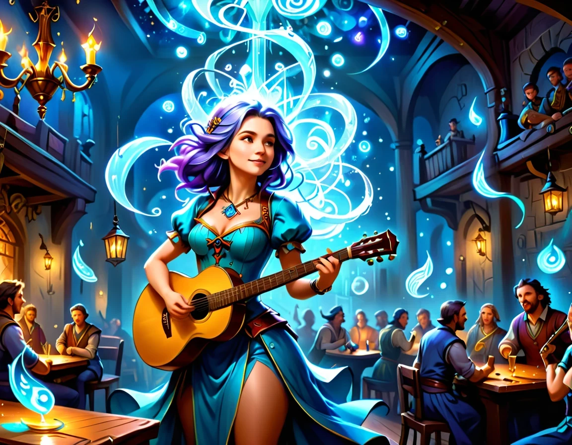 high details, best quality, 16k, [ultra detailed], masterpiece, best quality, (extremely detailed), full body, ultra wide shot, photorealistic, RAW, fantasy art, dnd art, fantasy art, realistic art,  an ultra wide, full body, a picture  of a human female  (intricate details, Masterpiece, best quality: 1.5) fantasy bard, fantasy enchanter,  playing a (guitar: 1.5)  and enchanting people in a tavern with magical song, colorful clothes, dynamic clothing, epic beautiful female human ((anatomically correct)) bard (intricate details, Masterpiece, best quality: 1.5), dynamic hair, tavern full of crowd, many people intricate details, Masterpiece, best quality: 1.3), bard playing guitar and enchanting audience (intricate details, Masterpiece, best quality: 1.5), candles light, fantasy chandelier, magical notes, magical runes in the air (intricate details, Masterpiece, best quality: 1.5),Cinematic Hollywood Film style, GlowingRunesAI_paleblue