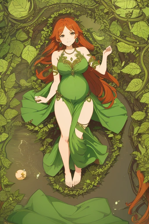 Sexy pregnant goddess of nature and fertility, cleavage, (green dress created by vines leaves and plants:1.4), ring earrings, pendant necklace, pregnant, full body shot, sexy pose, long luscious light orange red hair, laying on the ground in a puddle of water