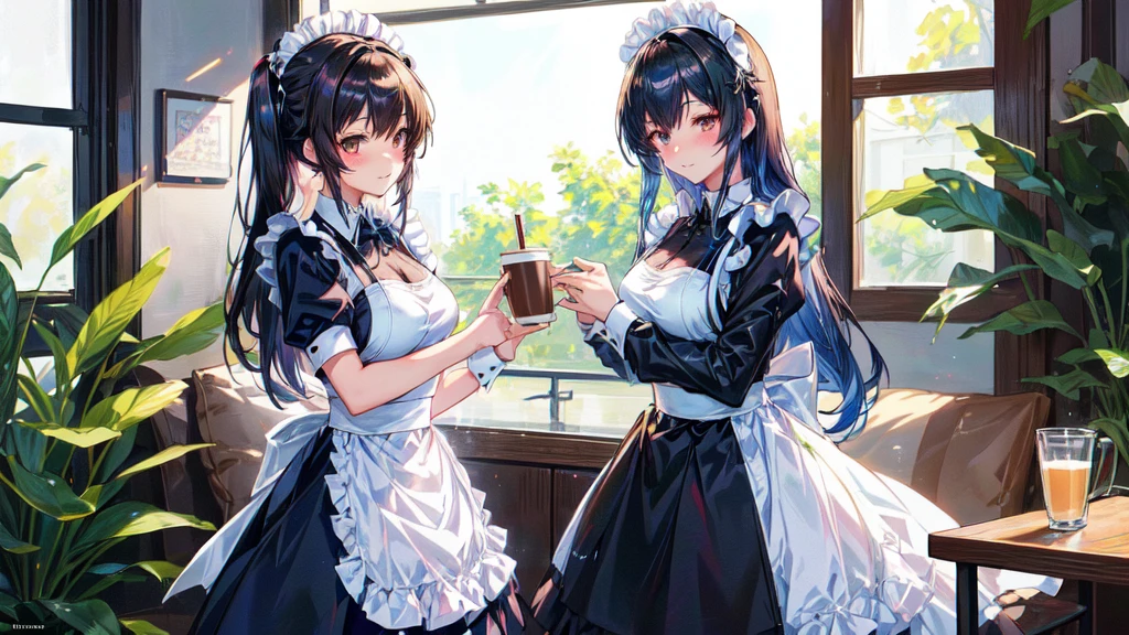 anime image of two women in maid uniforms holding a cup of coffee, anime maids riding early tanks, anime girl in a maid costume, maid outfit, kawacy, maid dress, guweiz, wearing maid uniform, girls frontline style, anime moe artstyle, artwork in the style of guweiz, guweiz on pixiv artstation, anime style 4 k
