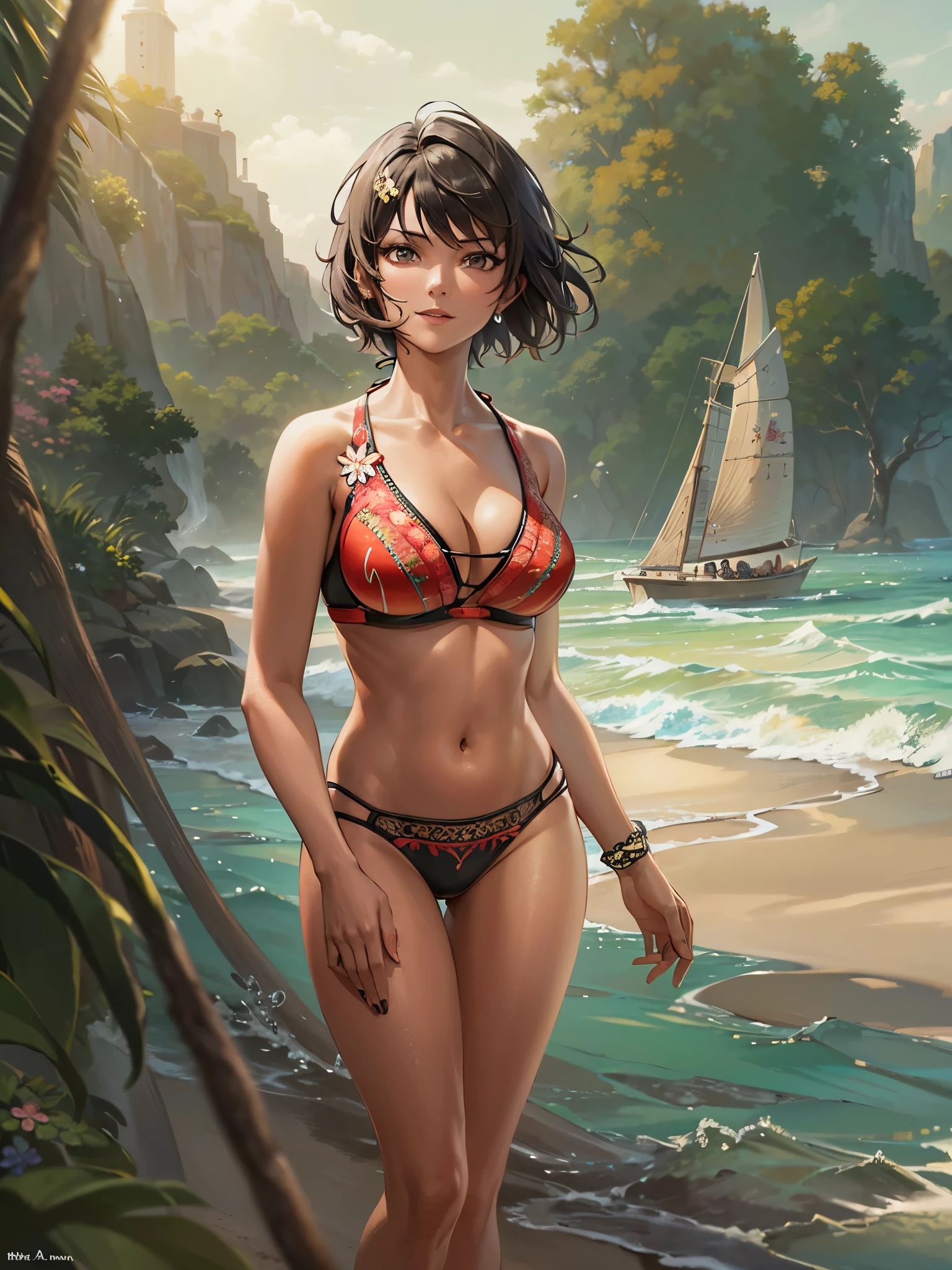 1 woman in red bikini posing for a photo, bluish black, afro brown hair, highly detailed character, big brown eyes, realistic shaded perfect body, character is in her natural pose, photorealistic perfect body, casual pose, hyper real render, general plan, white background, whole body, head to toe, thin waist --auto --s2