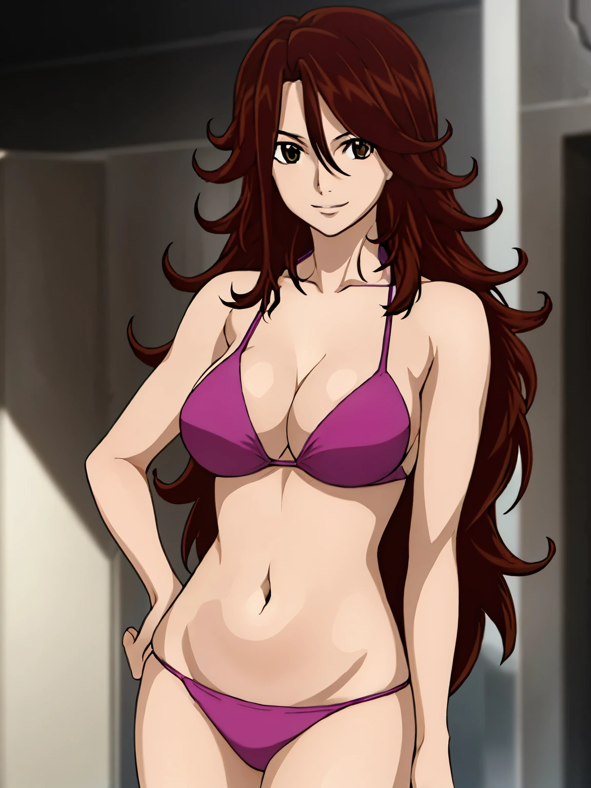 1girl, blunt bangs, very happy, smile, very high resolution, very high quality, cowboy shot, red bikini top, (brown hair:1.2, very long hair), very long hair, looking at viewer, smile, highly detailed background with titration screen and spot lights, (photo realistic:1.2), very  detailed eyes, red eyeshadow, depth of field, (solo:1.2), (cyberpunk city:1.1), cleavage, skinny shoulders, groin, thighs, (finger on lips:1.1),Shiny skin, standing, push up breasts, defined breasts, ( strong arm muscles, pale skin, hands on hips, navel, skinny arms, slim arms, toned arms)