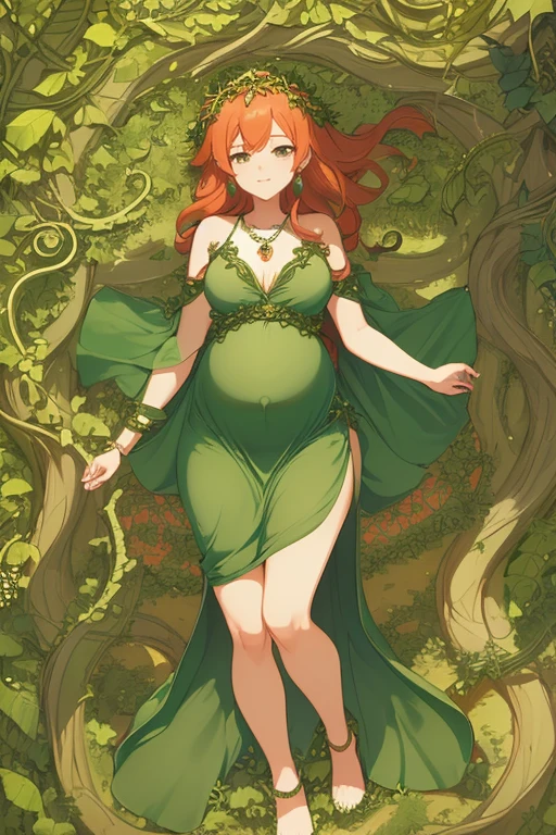 Sexy pregnant goddess of nature and fertility, cleavage, (green dress created by vines leaves and plants:1.4), ring earrings, pendant necklace, pregnant, full body shot, sexy pose, long luscious light orange red hair, laying on the ground in a puddle of water