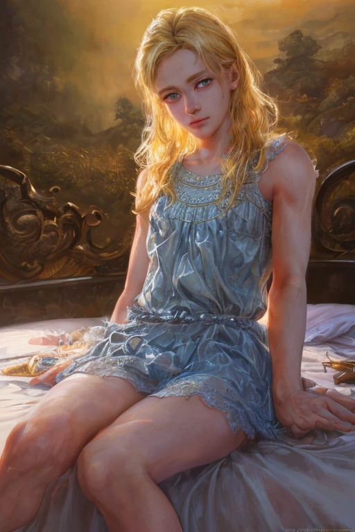 a cute blonde boy, detailed boy face, detailed facial features, beautiful detailed eyes, beautiful detailed lips, extremely detailed eyes and face, long eyelashes, impish smile, holding magic wand, knee on bed, sleeveless blue top, lovely face, bare legs, beautiful hands, beautiful feet, (best quality,4k,8k,highres,masterpiece:1.2),ultra-detailed,(realistic,photorealistic,photo-realistic:1.37),digital painting,concept art,cinematic lighting,dramatic shadows,vibrant colors