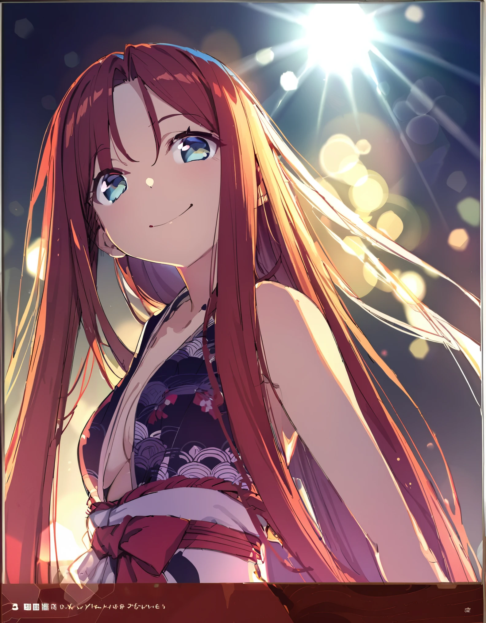 sketch((A woman with hair longer than her height))solo、Wicked Smile、Medium chest Looking at the camera、She is wearing a Japanese-style swimsuit.,Women with very long hair 28 years old Fiery red hair, lustrous skin,art: (A girl with beautiful deep eyes. The depth of field in the photo is perfect、Lens flares create a nice atmosphere. The details of her face really stand out, This photo definitely gets a 10 or more. Japanese style bikini embarrassing