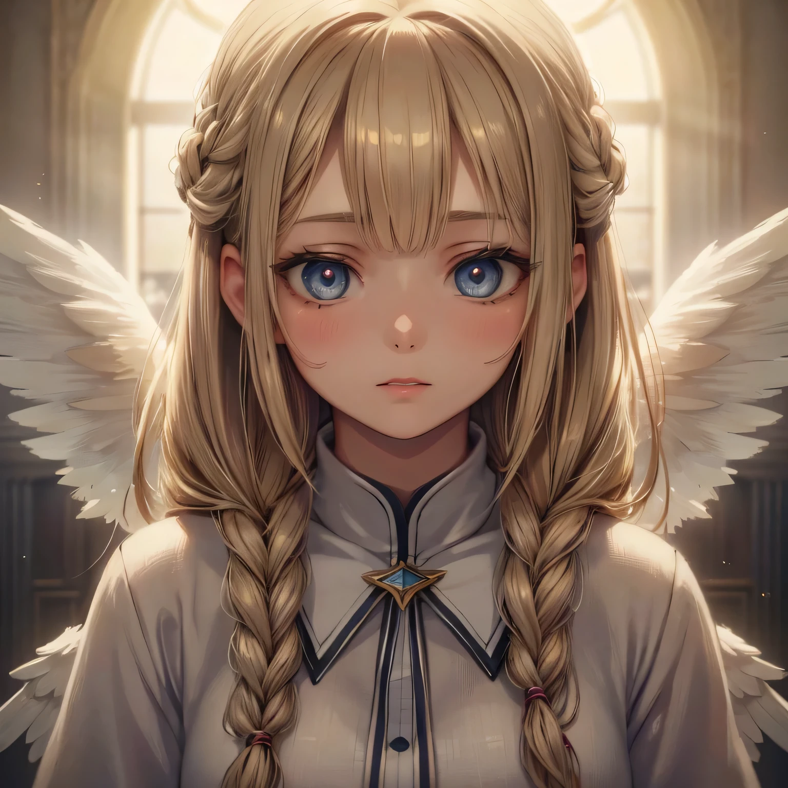 14 year old girl, blonde hair in braids, soft pretty face, blue eyes, long eye lashes, beautiful angelic wings, feminine teenage angel, serene expression, wings open wide, school in the background, (best quality,4k,8k,highres,masterpiece:1.2),ultra-detailed,(realistic,photorealistic,photo-realistic:1.37),highly detailed face and eyes,extremely detailed eyes and face,longeyelashes,intricate angel wings,soft lighting,cinematic lighting,warm color tones,muted colors,fantasy,ethereal,angelic,digital art,illustration
