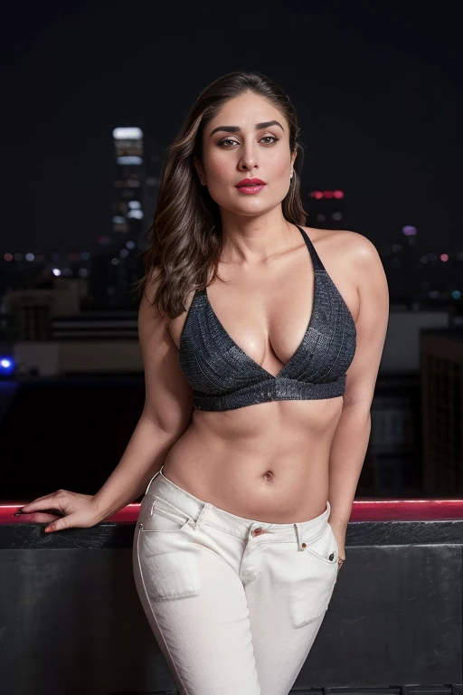Hires photo of Kareena Kapoor khan , posing with one leg extended, realistic red lips, slim, cute face, black eyes, sexy wearing a crop top with jeans, nude,cleavage, navel, uncensored, posing for a photoshoot, roof top bar and lighting (cinematic:1.3), intricate details, (ArtStation:1.2), high resolution ,4K