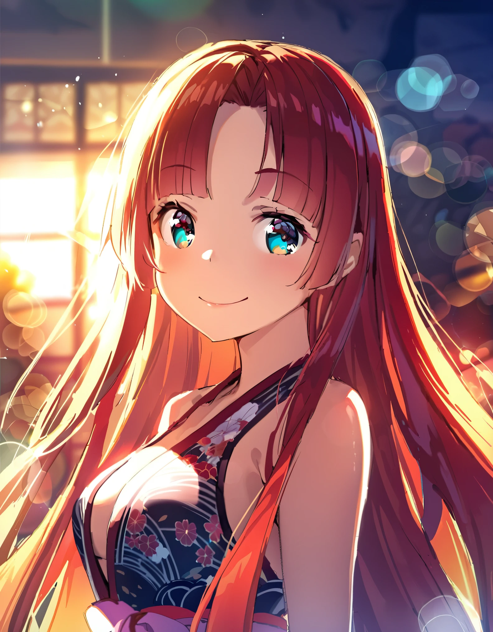 sketch((A woman with hair longer than her height))solo、Wicked Smile、Medium chest Looking at the camera、She is wearing a Japanese-style swimsuit.,Women with very long hair 28 years old Fiery red hair, lustrous skin,art: (A girl with beautiful deep eyes. The depth of field in the photo is perfect、Lens flares create a nice atmosphere. The details of her face really stand out, This photo definitely gets a 10 or more. Japanese style bikini
