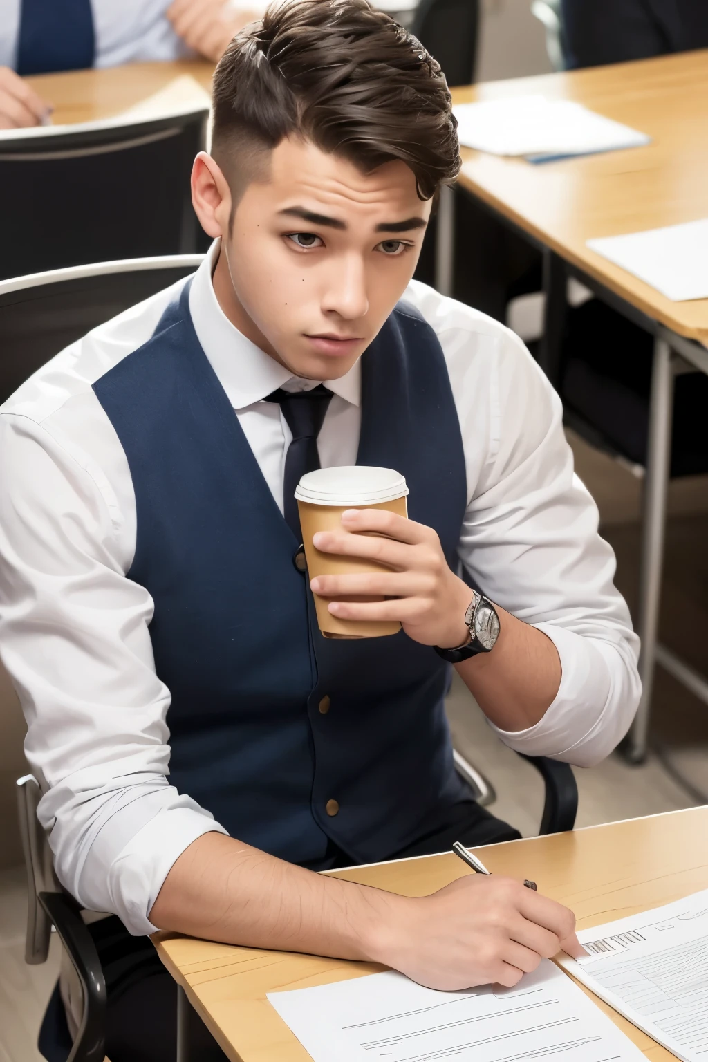 A cleverly composed image of a male student secretly sipping coffee during an exam. His furtive expression contrasts with the teacher's watchful gaze, holding a clipboard with a list. The student's coffee cup is just visible, peeking out from under his desk. The exam hall is filled with other students intently writing on their papers, unaware of the subtle rebellion. The atmosphere is tense yet quiet, with a touch of humor.