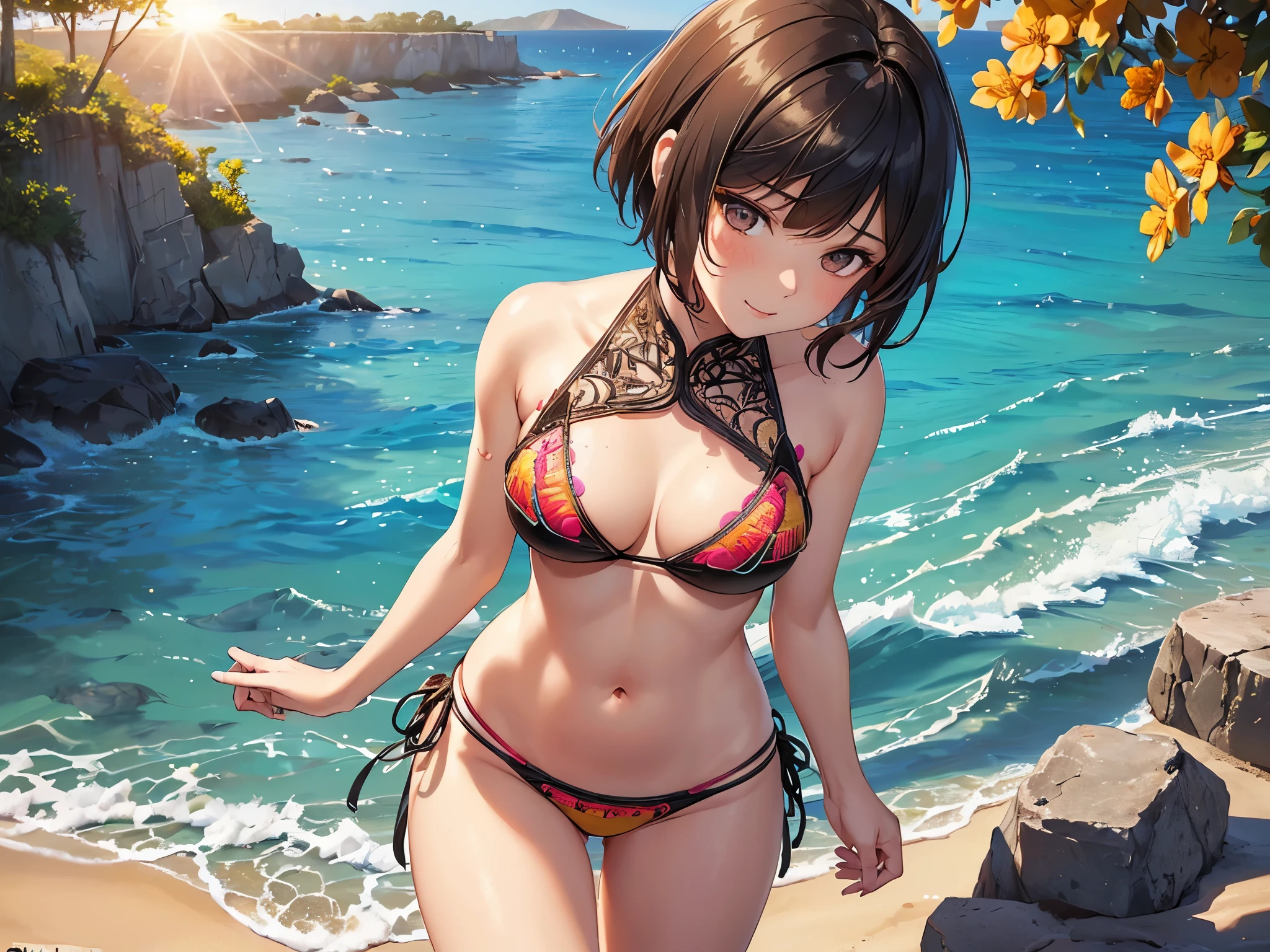 ((highest quality)),(Ultra-high resolution),(Very detailed),(Detailed Description),((The best CG)),(A masterpiece),Ultra-detailed art,Amazing drawing art,(Art with precise detail:1.5), (Adult female:1.6),(Beautiful and well-proportioned face:1.5),smile:1.4,(short hair:1.5),(A bikini with intricate and beautiful embroidery:1.8),Standing against the wind:1.6, (Scorching Sun:1.6),(Scorching sandy beaches:1.3)